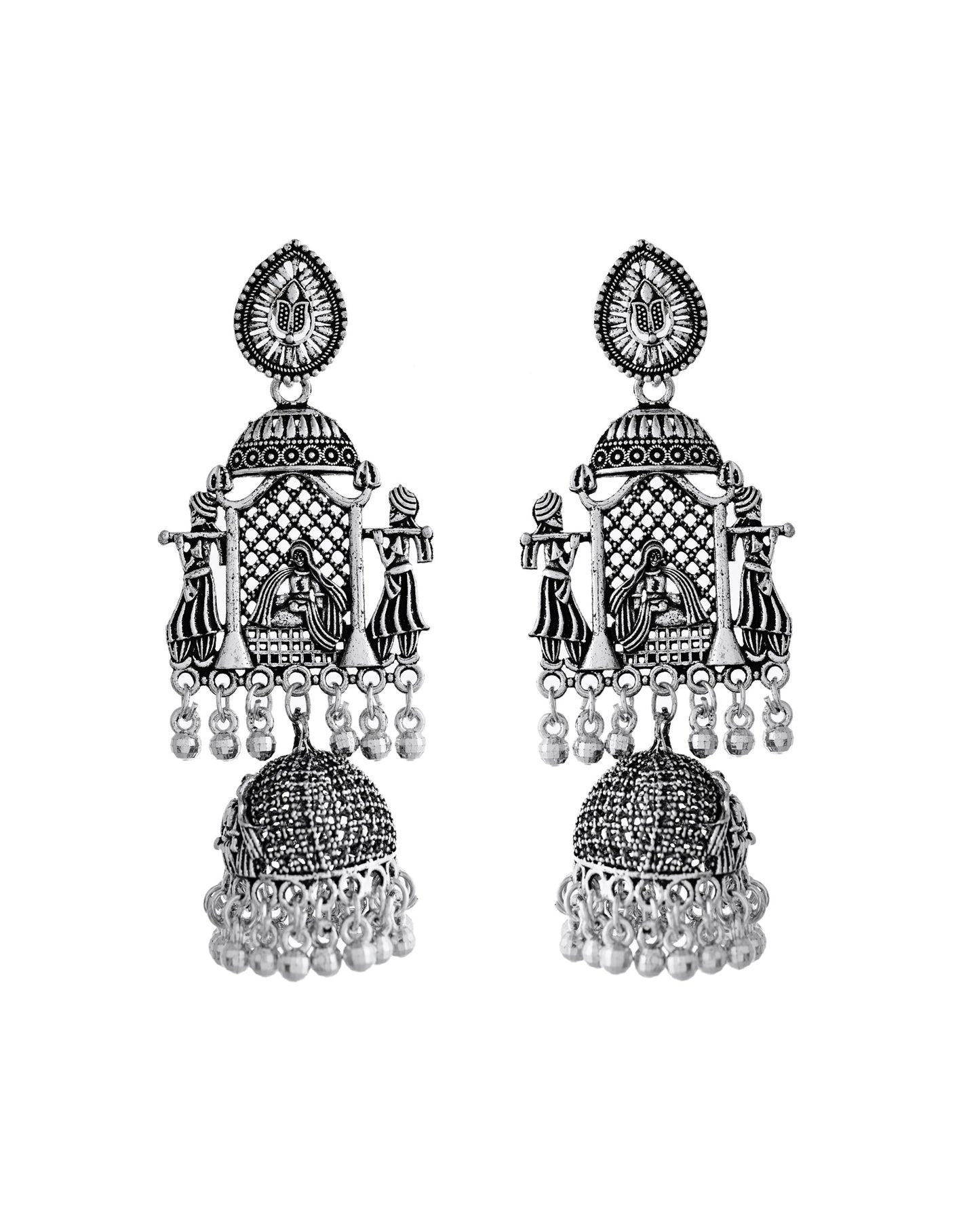 VOJ Silver Plated Oxidized Temple Long Earrings - Swadesiicart