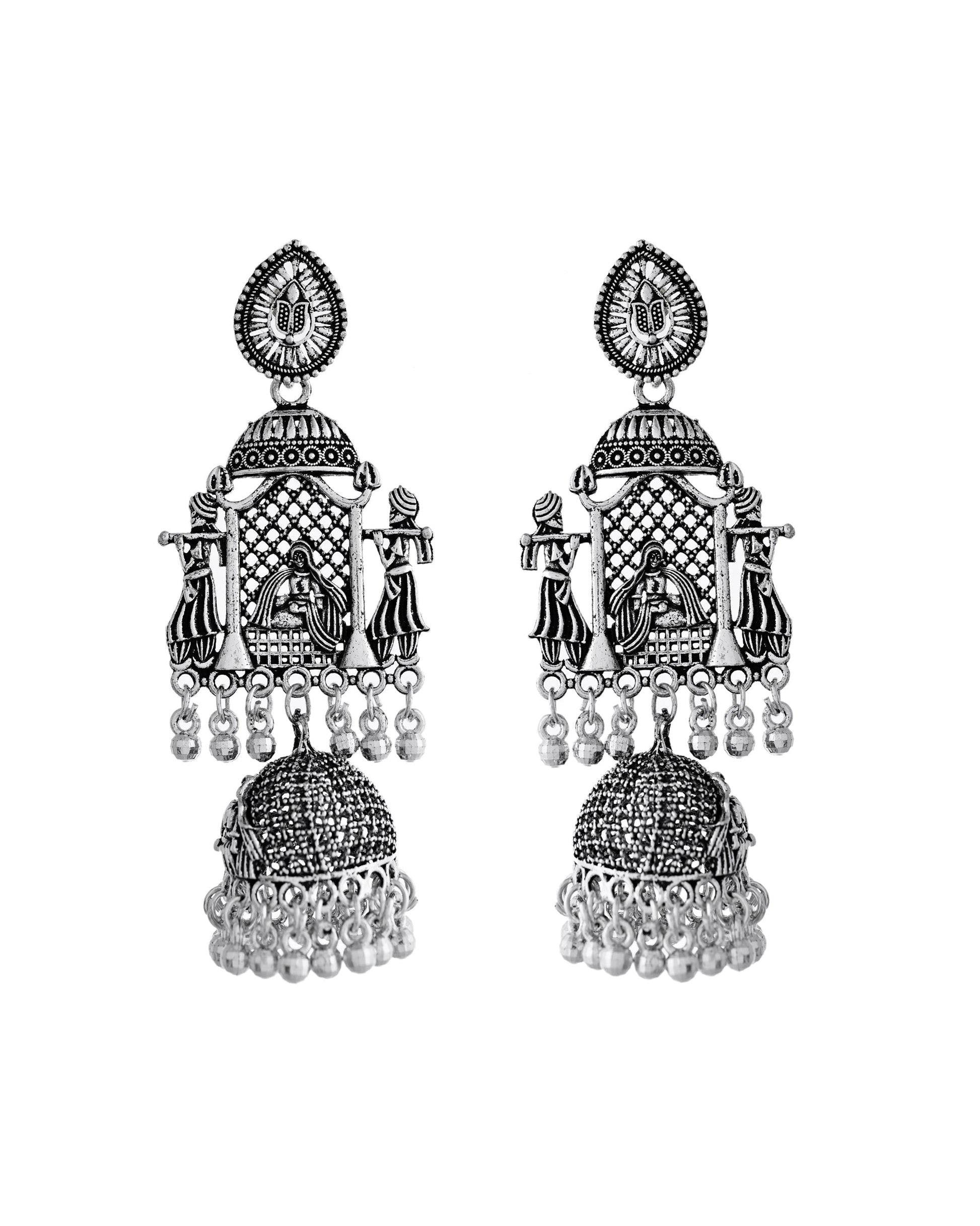 VOJ Silver Plated Oxidized Temple Long Earrings - Swadesiicart