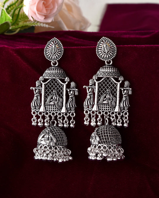 VOJ Silver Plated Oxidized Temple Long Earrings - Swadesiicart