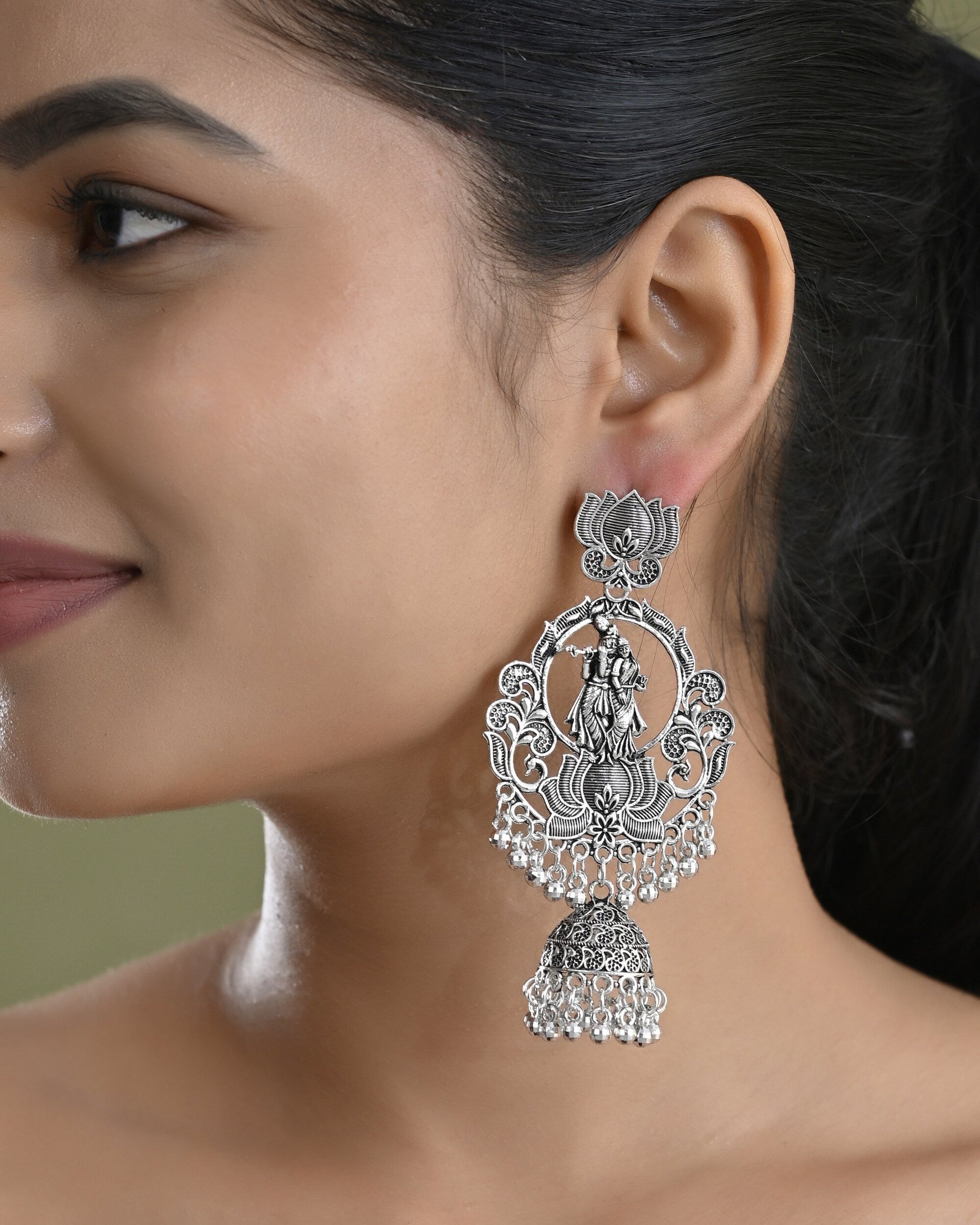 VOJ Silver Plated Radha Krishna Shaped Oxidized Earrings - Swadesiicart
