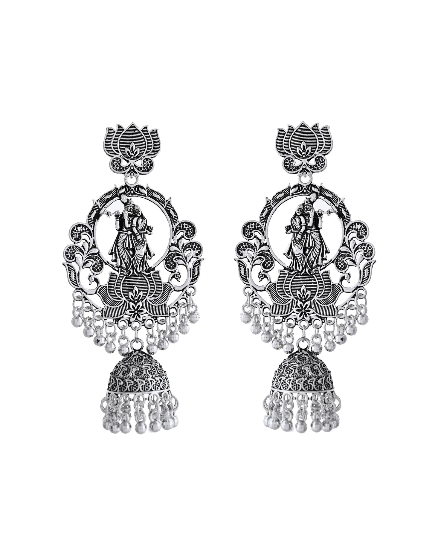 VOJ Silver Plated Radha Krishna Shaped Oxidized Earrings - Swadesiicart
