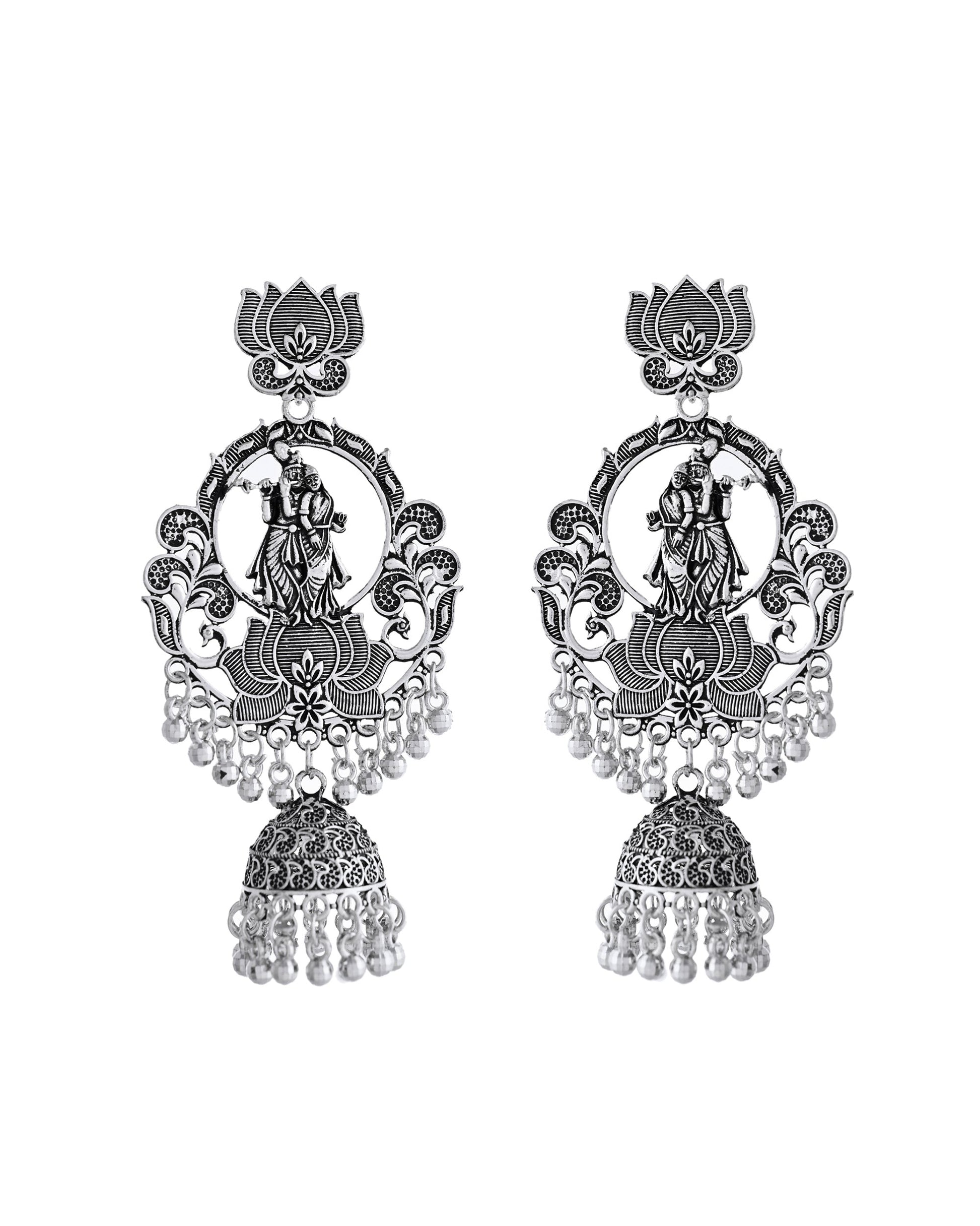 VOJ Silver Plated Radha Krishna Shaped Oxidized Earrings - Swadesiicart