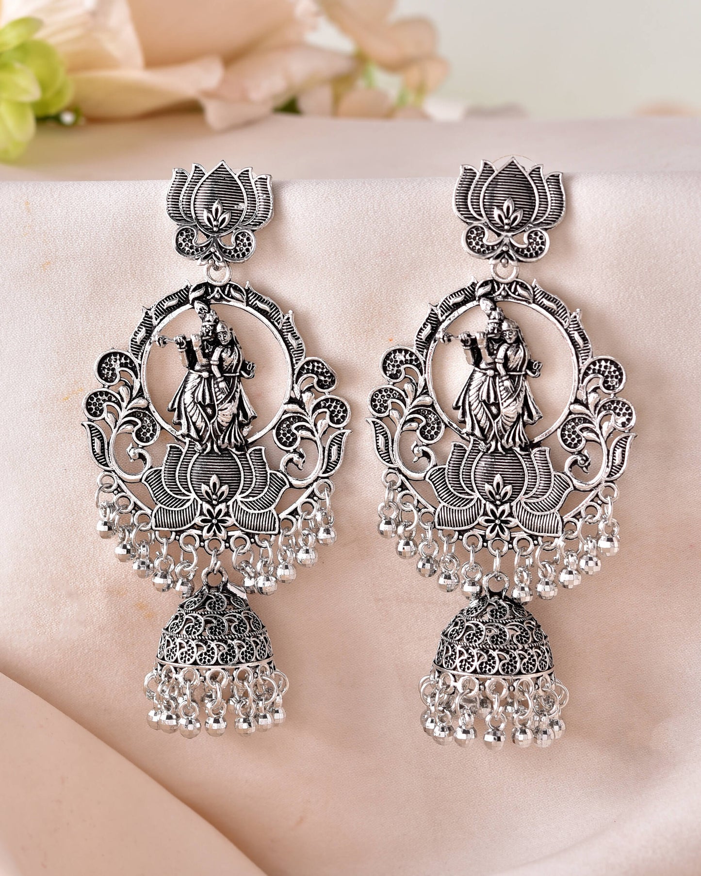 VOJ Silver Plated Radha Krishna Shaped Oxidized Earrings - Swadesiicart