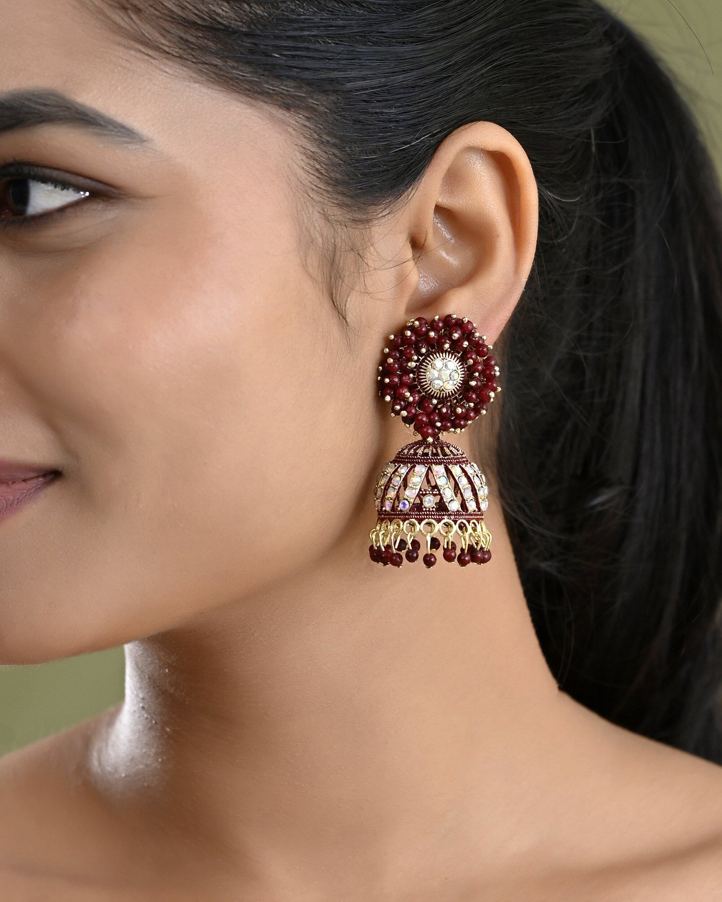 VOJ Marron Beads And Stone Studded Jhumka Earrings - Swadesiicart