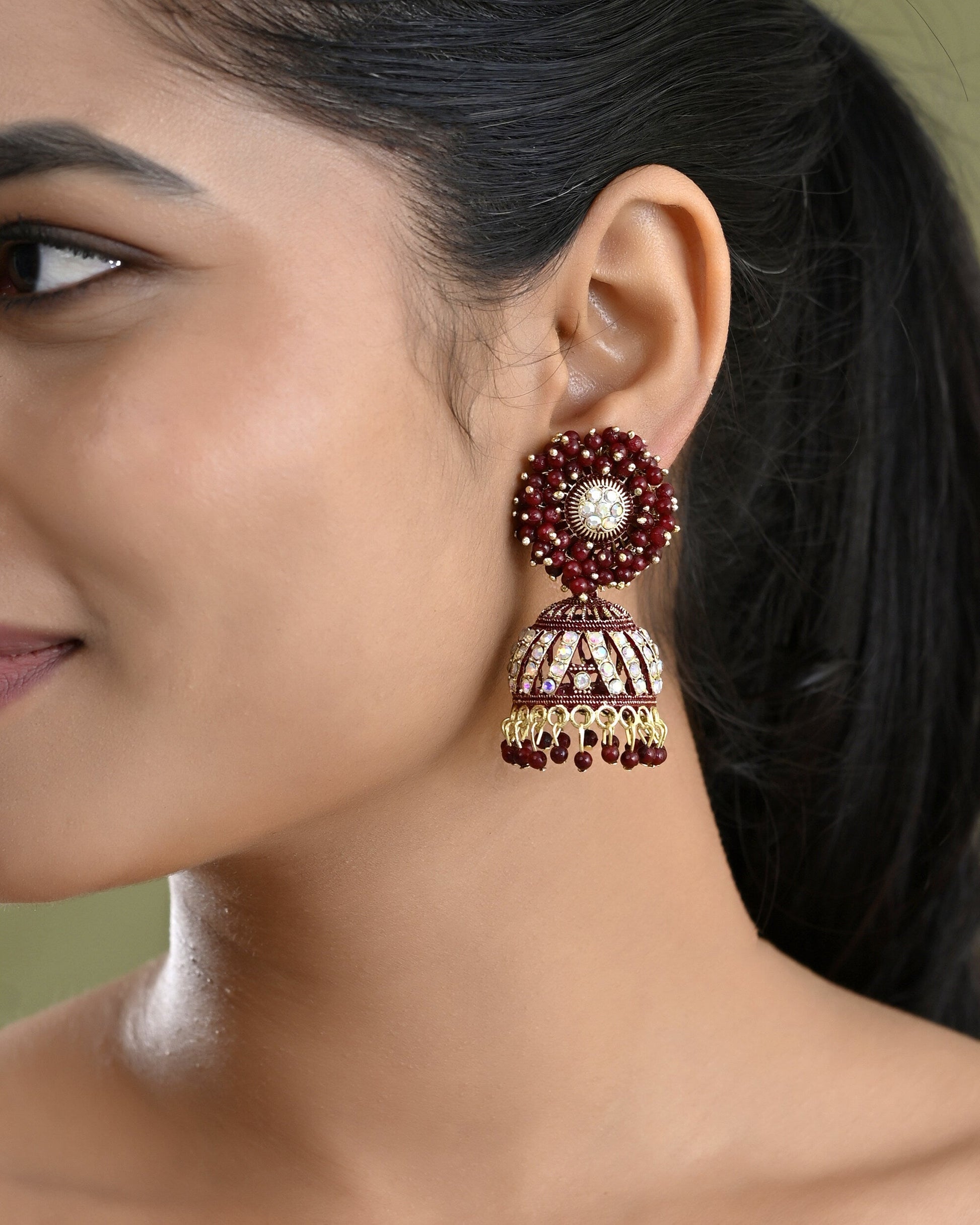 VOJ Marron Beads And Stone Studded Jhumka Earrings - Swadesiicart