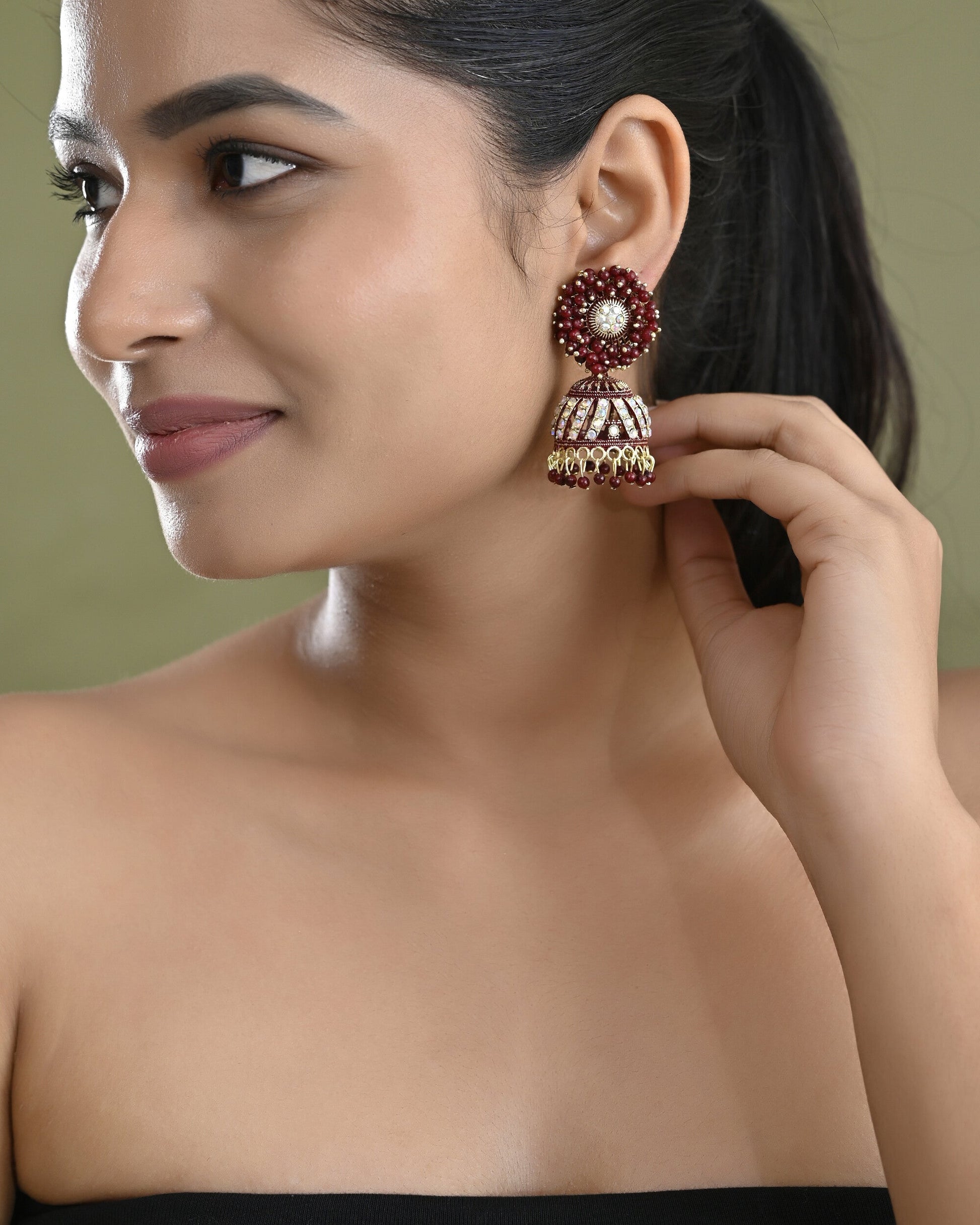 VOJ Marron Beads And Stone Studded Jhumka Earrings - Swadesiicart