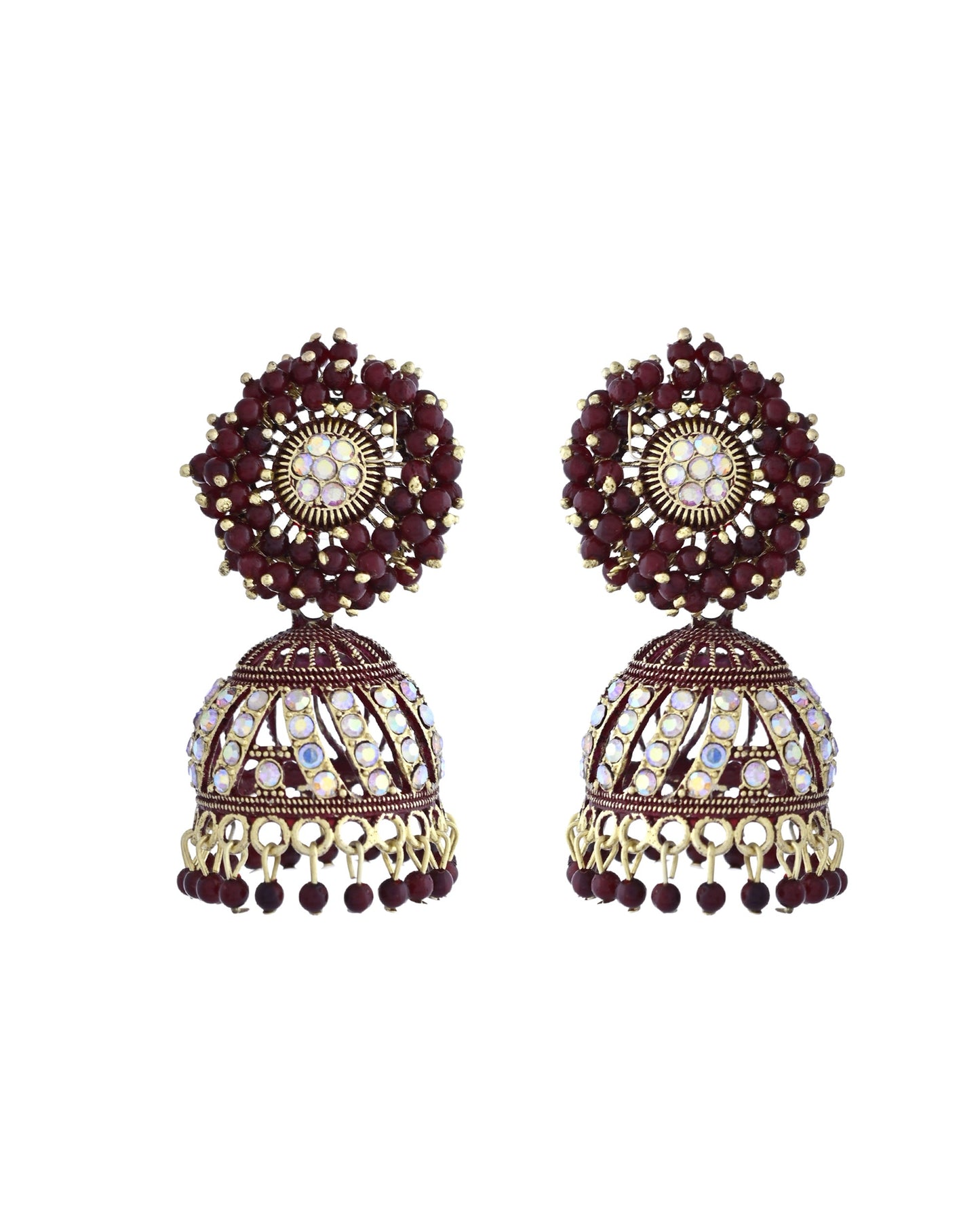 VOJ Marron Beads And Stone Studded Jhumka Earrings - Swadesiicart