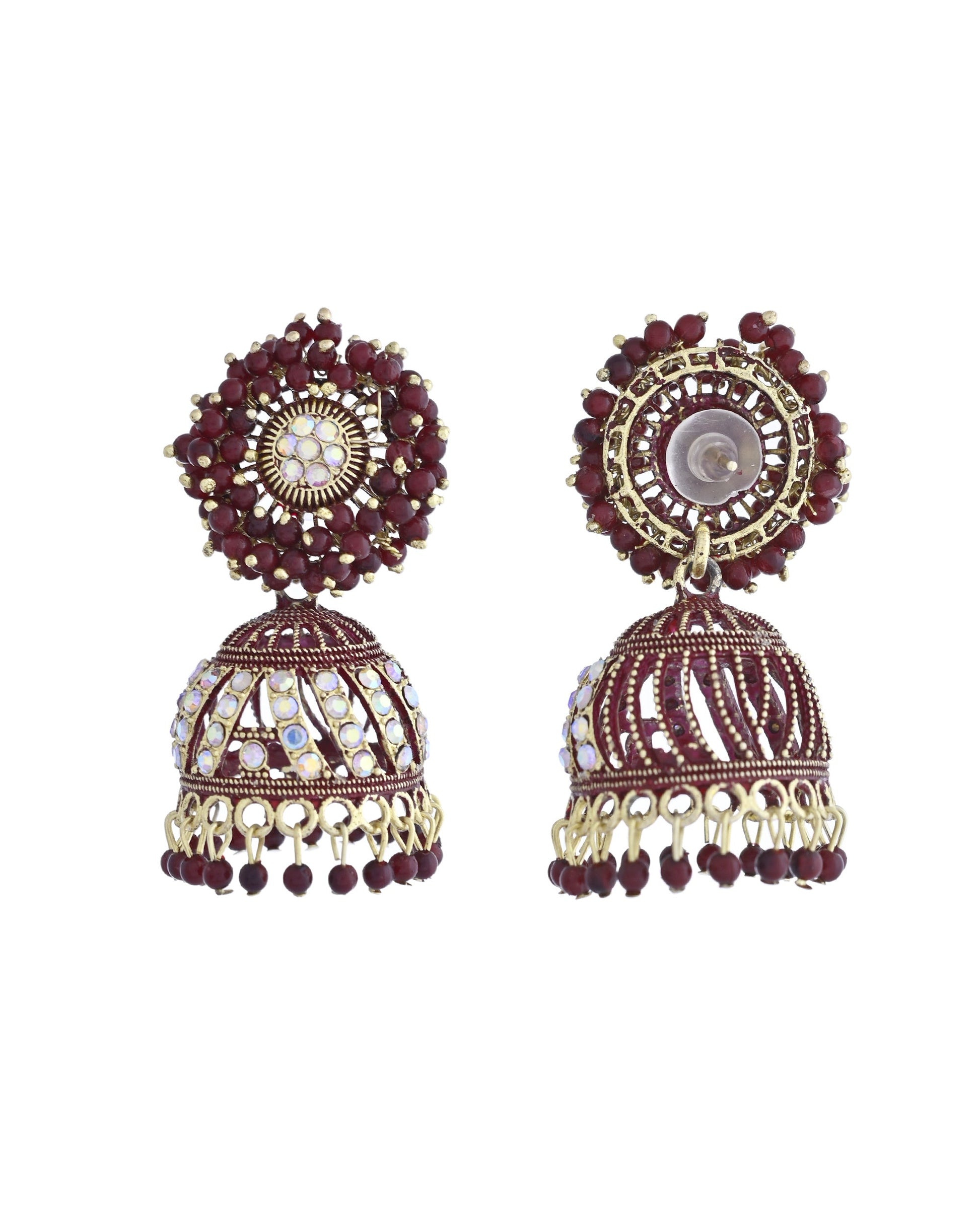 VOJ Marron Beads And Stone Studded Jhumka Earrings - Swadesiicart