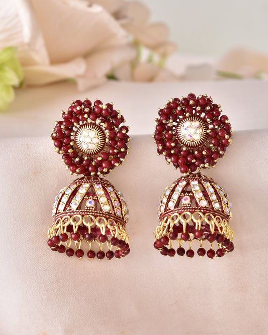 VOJ Marron Beads And Stone Studded Jhumka Earrings - Swadesiicart