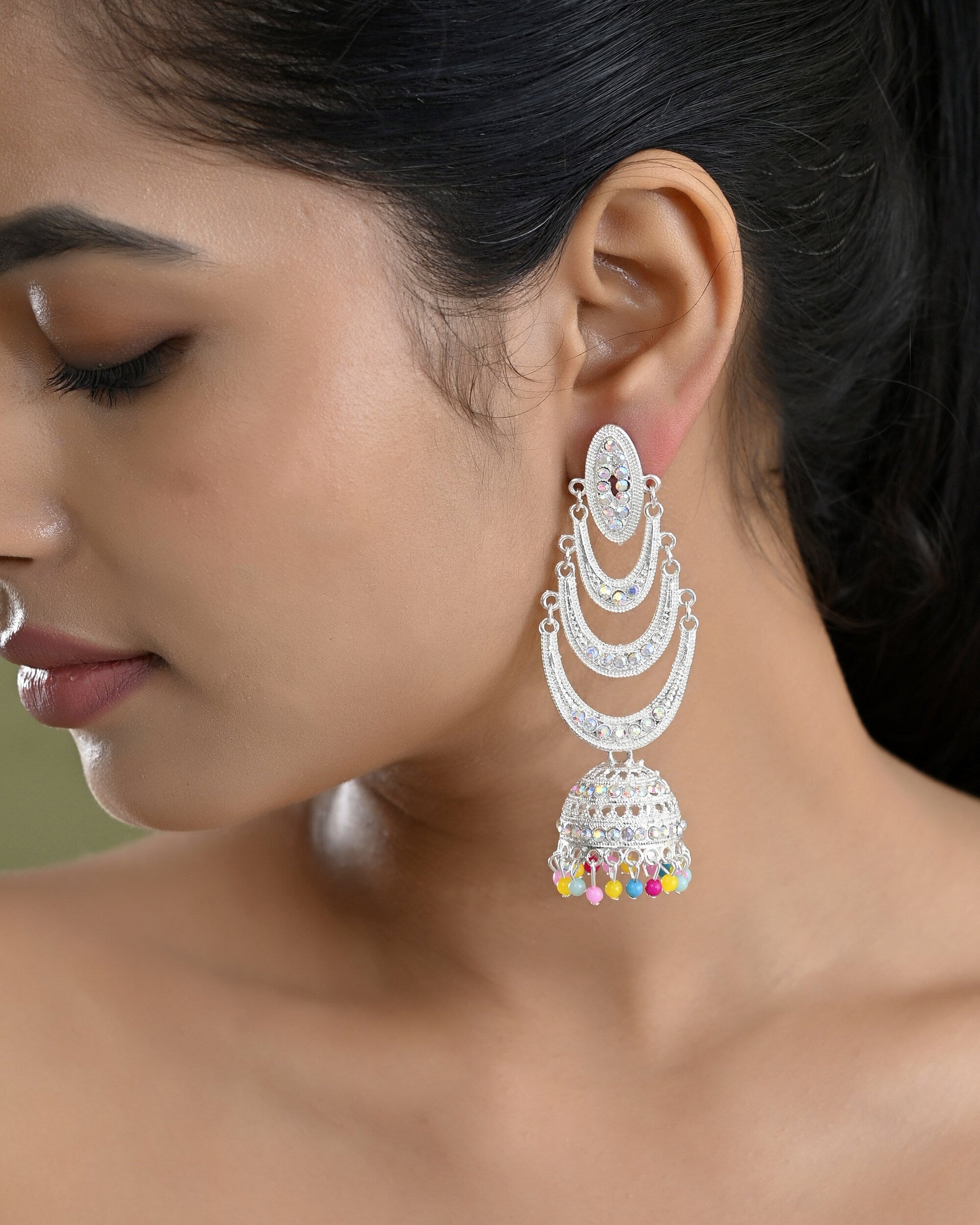 VOJ White Oxidized Mult Layer Chandbali Earrings - Swadesiicart
