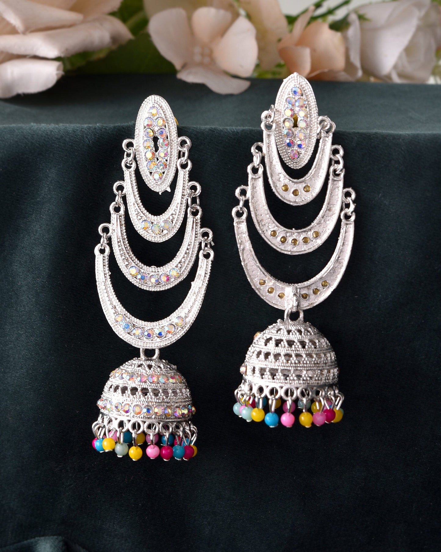VOJ White Oxidized Mult Layer Chandbali Earrings - Swadesiicart