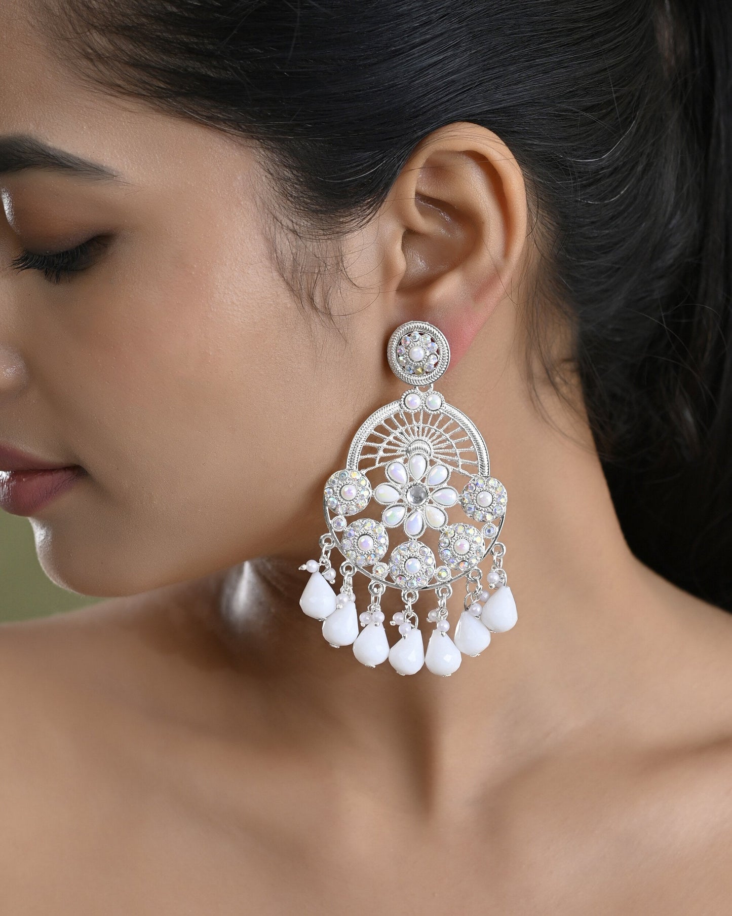 VOJ Elegent White Ethnic Chandbali Earrings With Pearl And Stone Earrings - Swadesiicart