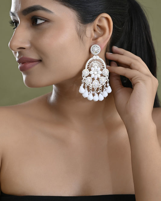 VOJ Elegent White Ethnic Chandbali Earrings With Pearl And Stone Earrings - Swadesiicart