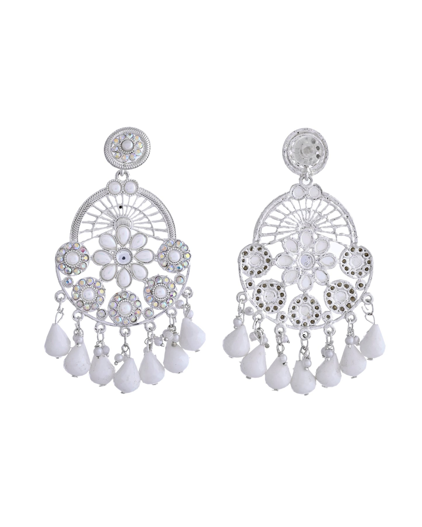 VOJ Elegent White Ethnic Chandbali Earrings With Pearl And Stone Earrings - Swadesiicart