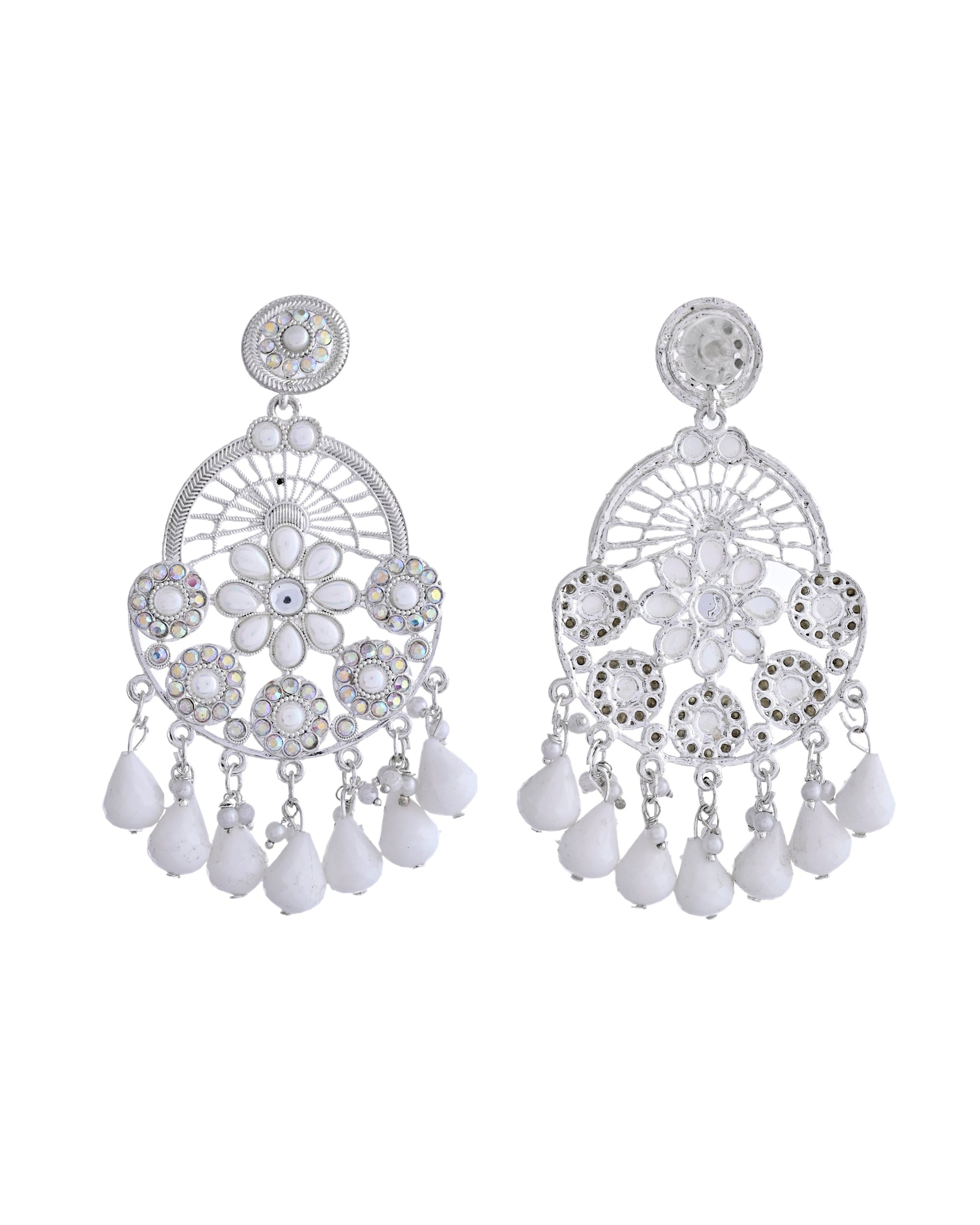 VOJ Elegent White Ethnic Chandbali Earrings With Pearl And Stone Earrings - Swadesiicart