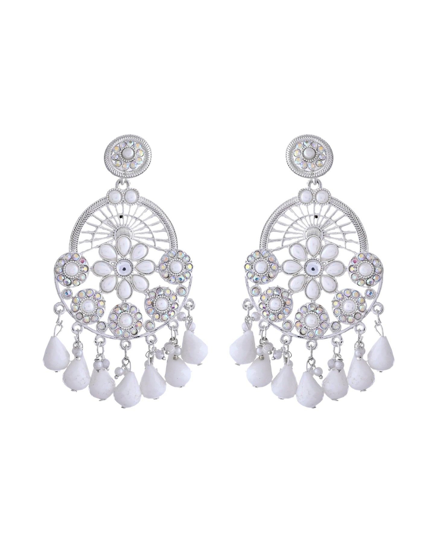 VOJ Elegent White Ethnic Chandbali Earrings With Pearl And Stone Earrings - Swadesiicart