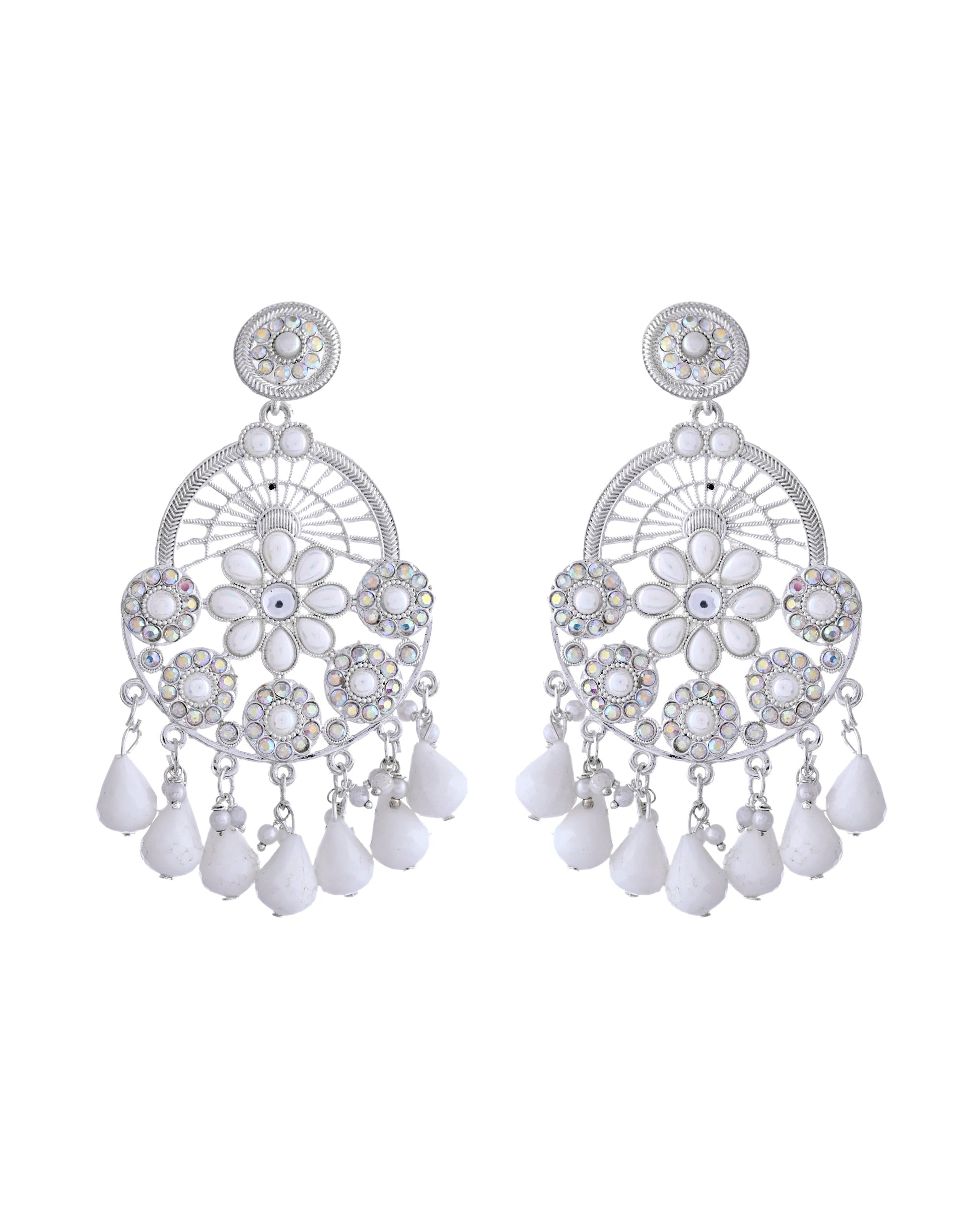 VOJ Elegent White Ethnic Chandbali Earrings With Pearl And Stone Earrings - Swadesiicart