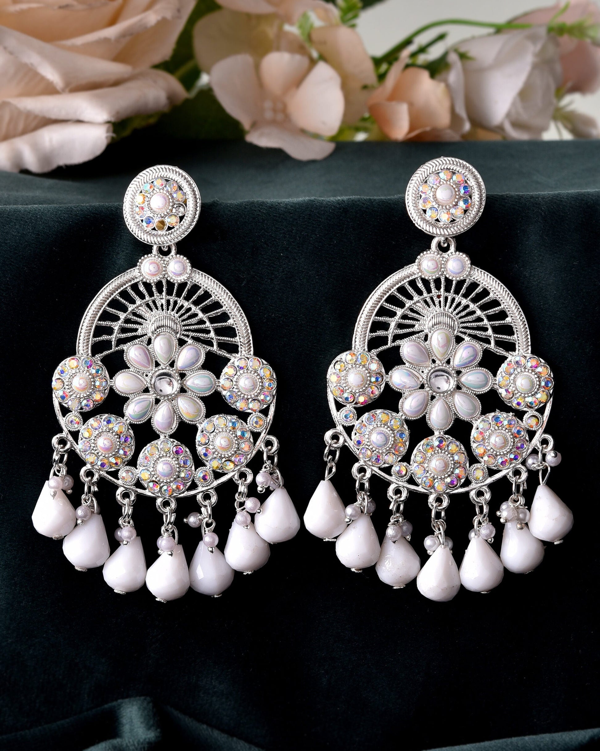 VOJ Elegent White Ethnic Chandbali Earrings With Pearl And Stone Earrings - Swadesiicart