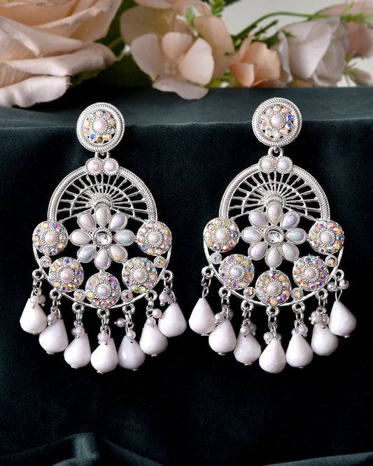 VOJ Elegent White Ethnic Chandbali Earrings With Pearl And Stone Earrings - Swadesiicart