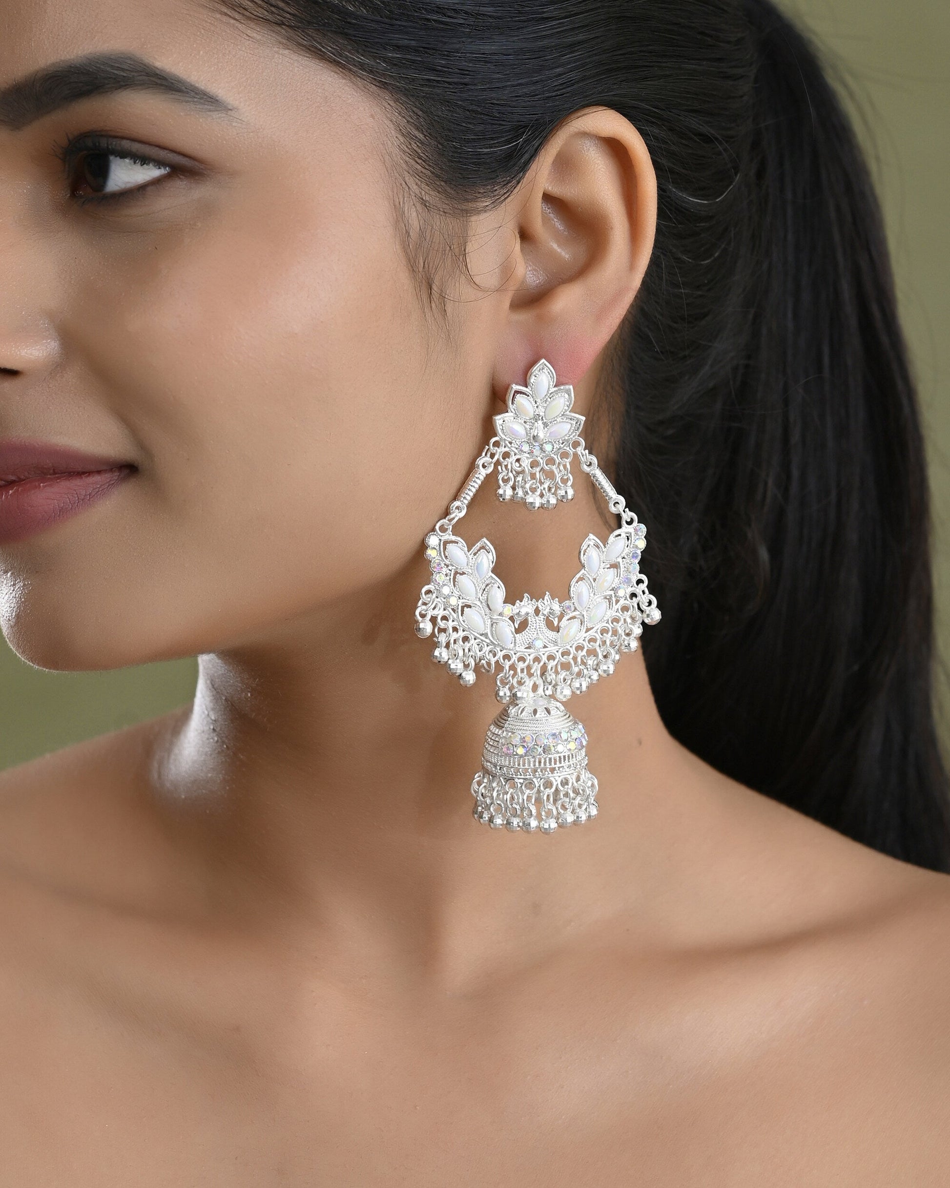 VOJ Stunning White Oxidized Chandbali with Stone And Peral Detailing Earrings - Swadesiicart