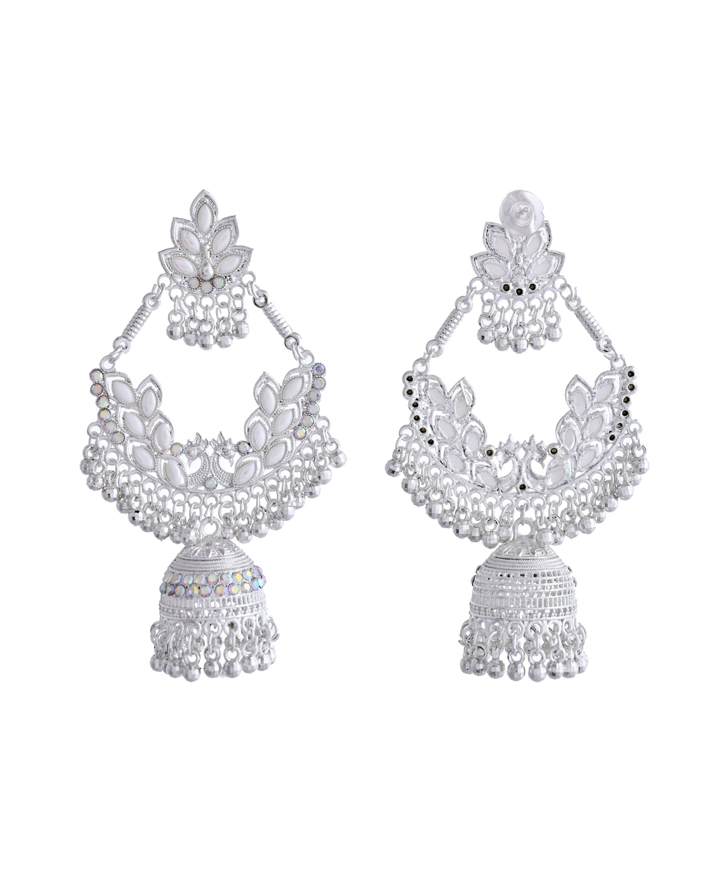 VOJ Stunning White Oxidized Chandbali with Stone And Peral Detailing Earrings - Swadesiicart