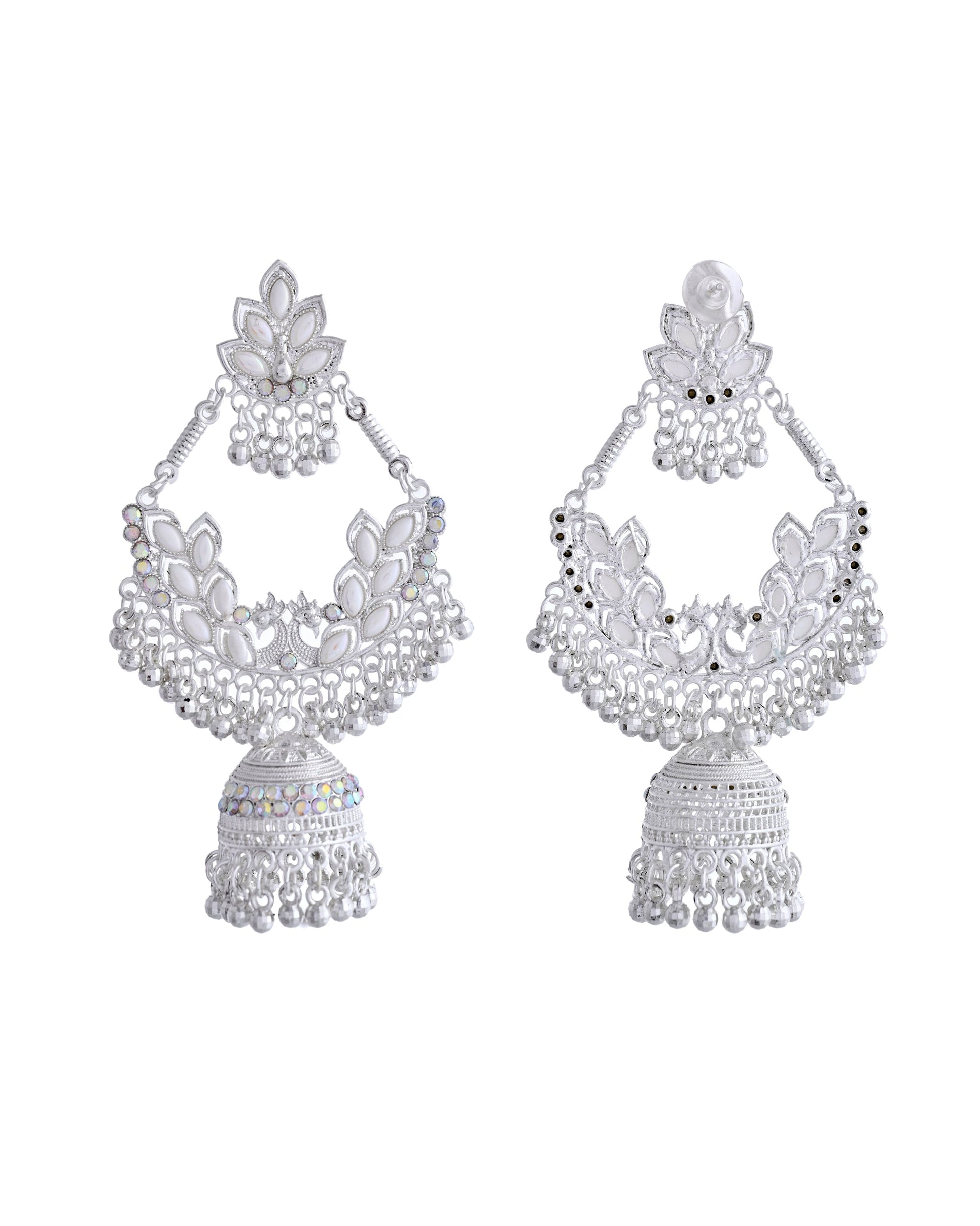 VOJ Stunning White Oxidized Chandbali with Stone And Peral Detailing Earrings - Swadesiicart