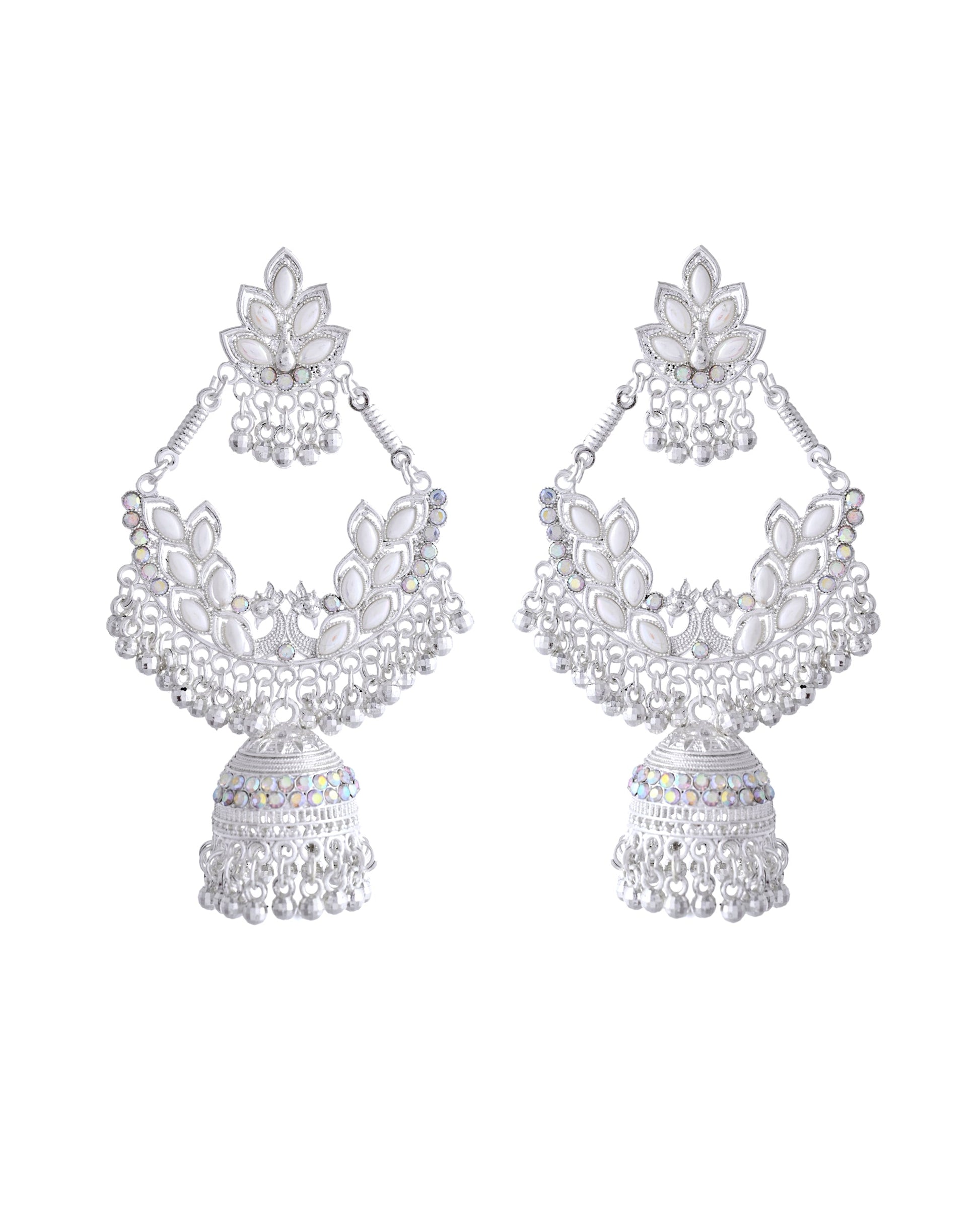VOJ Stunning White Oxidized Chandbali with Stone And Peral Detailing Earrings - Swadesiicart