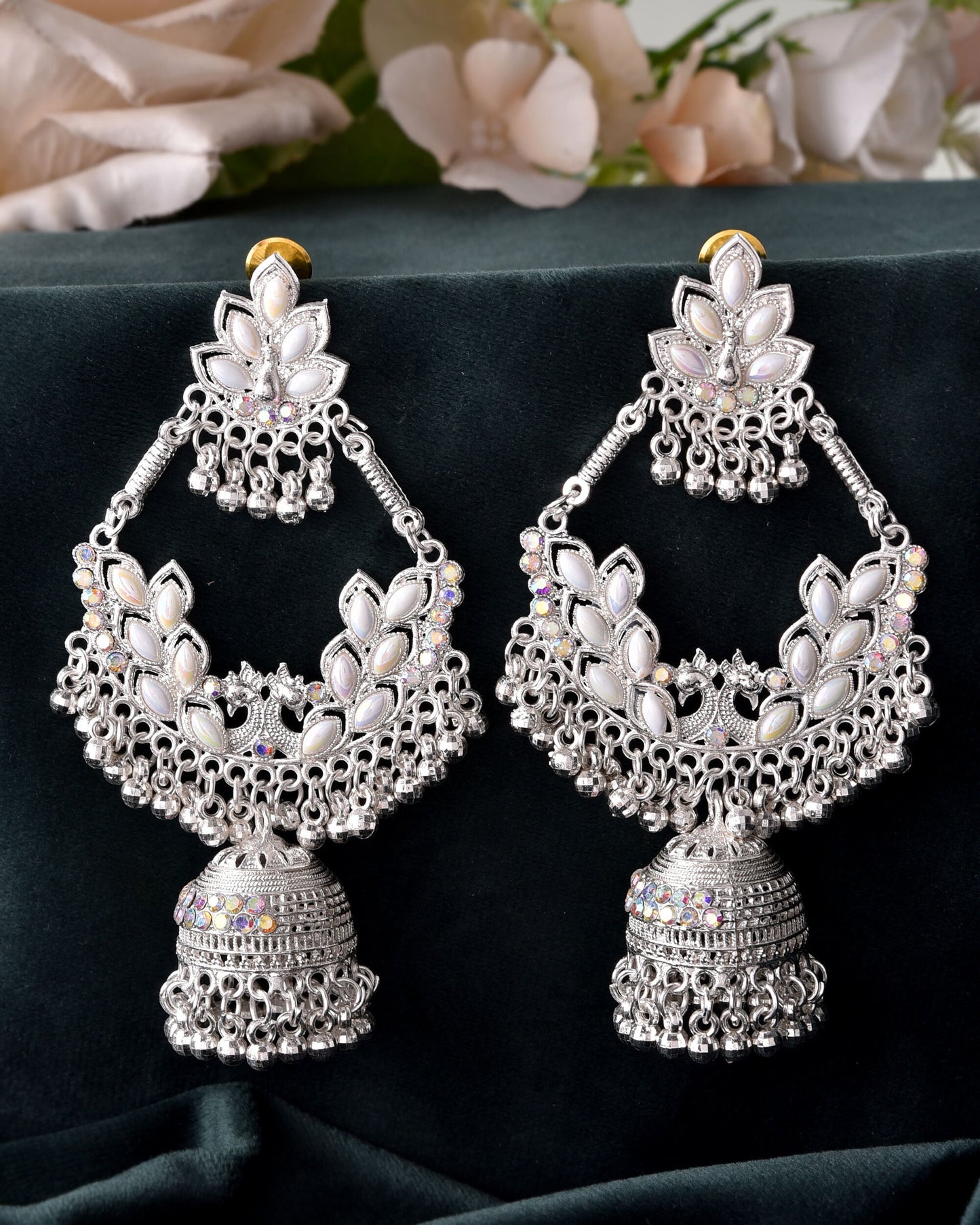 VOJ Stunning White Oxidized Chandbali with Stone And Peral Detailing Earrings - Swadesiicart