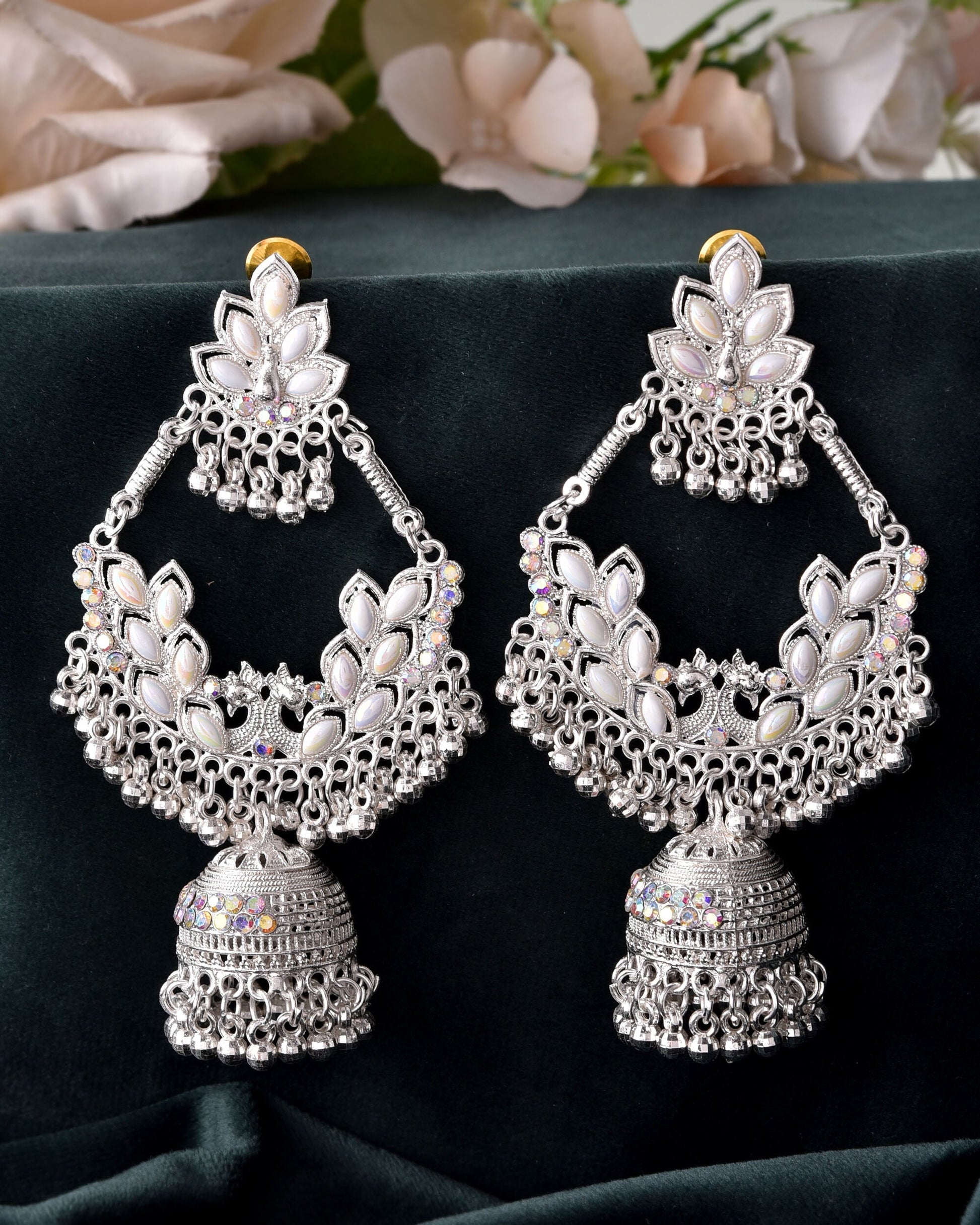VOJ Stunning White Oxidized Chandbali with Stone And Peral Detailing Earrings - Swadesiicart