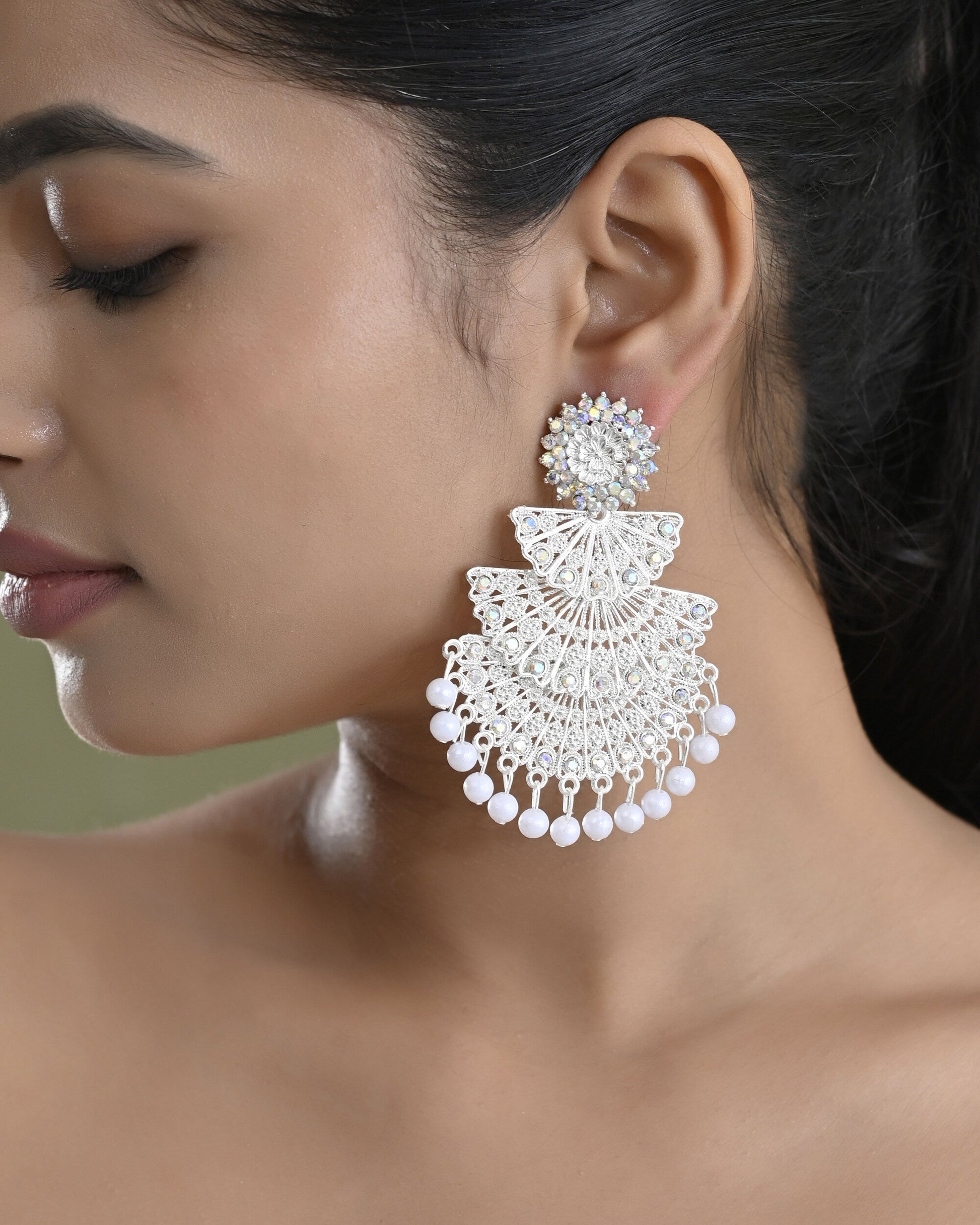 VOJ White Oxidized Multi Layered Stone Studded Earrings - Swadesiicart