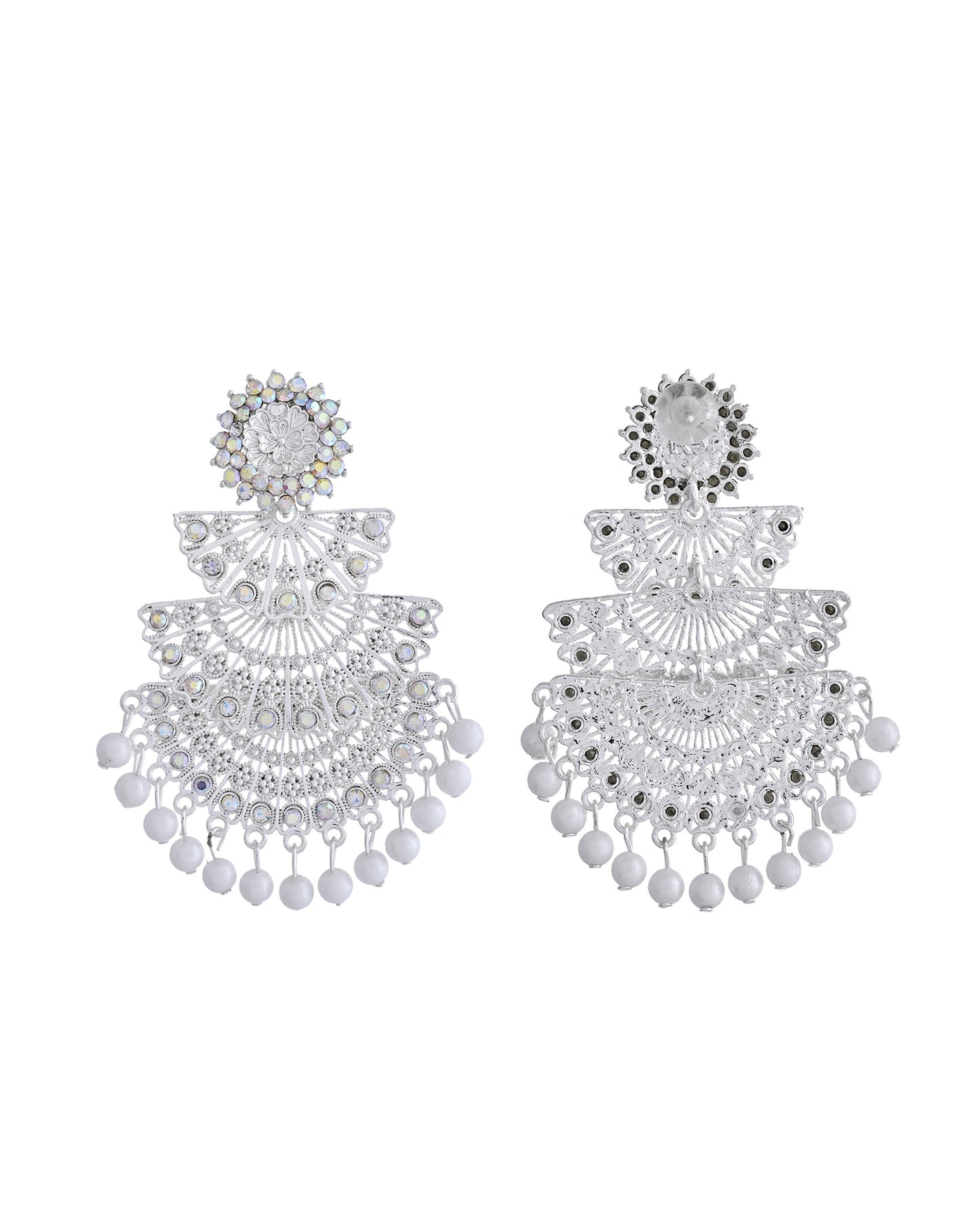 VOJ White Oxidized Multi Layered Stone Studded Earrings - Swadesiicart