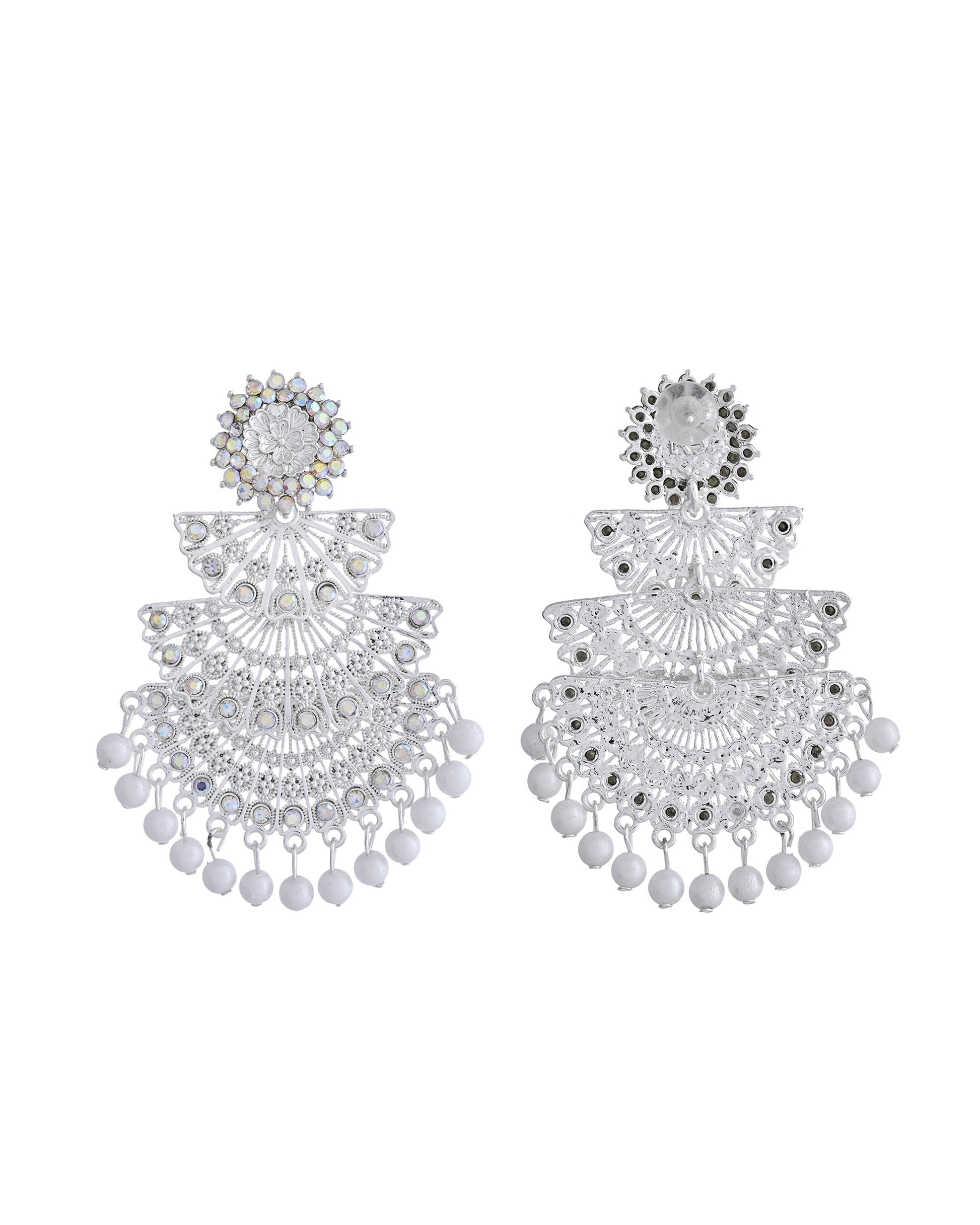VOJ White Oxidized Multi Layered Stone Studded Earrings - Swadesiicart