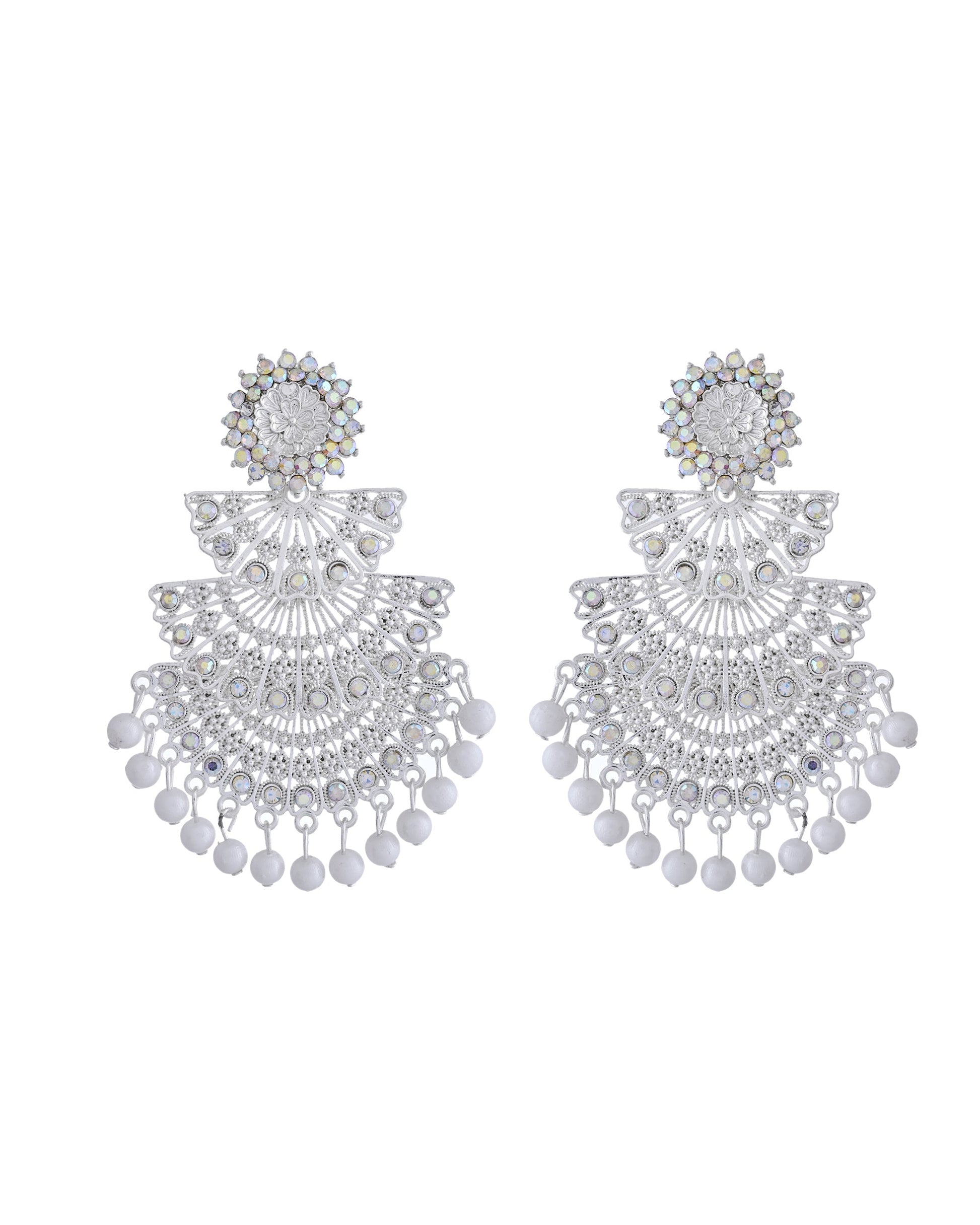 VOJ White Oxidized Multi Layered Stone Studded Earrings - Swadesiicart