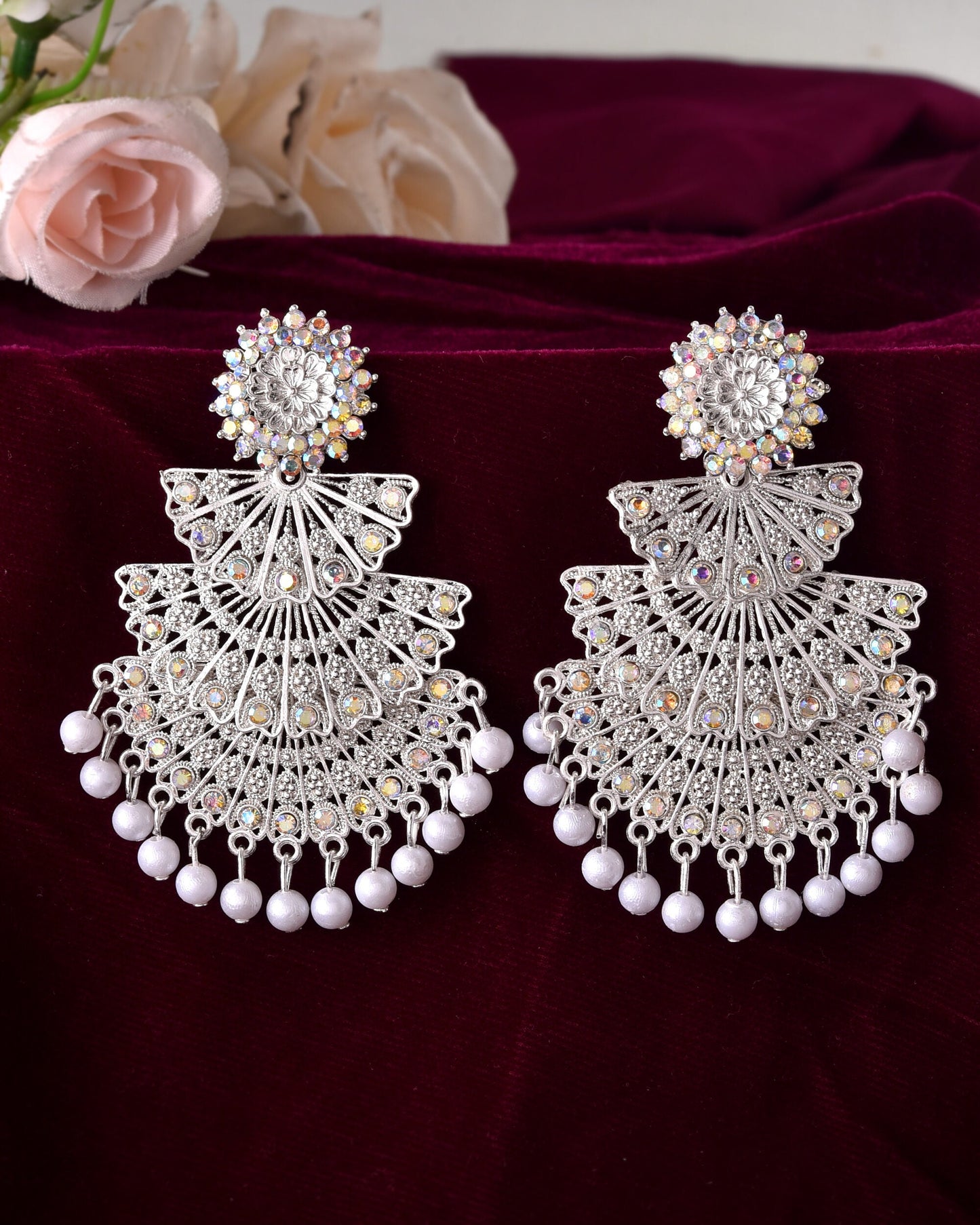 VOJ White Oxidized Multi Layered Stone Studded Earrings - Swadesiicart