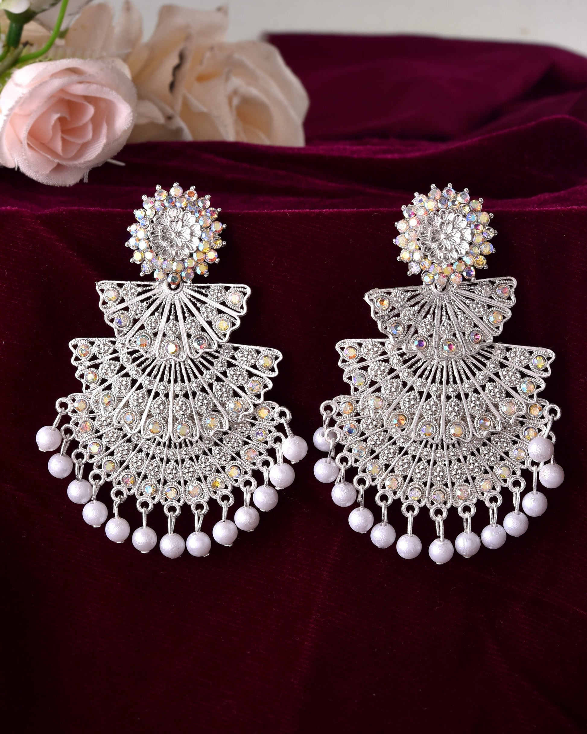 VOJ White Oxidized Multi Layered Stone Studded Earrings - Swadesiicart
