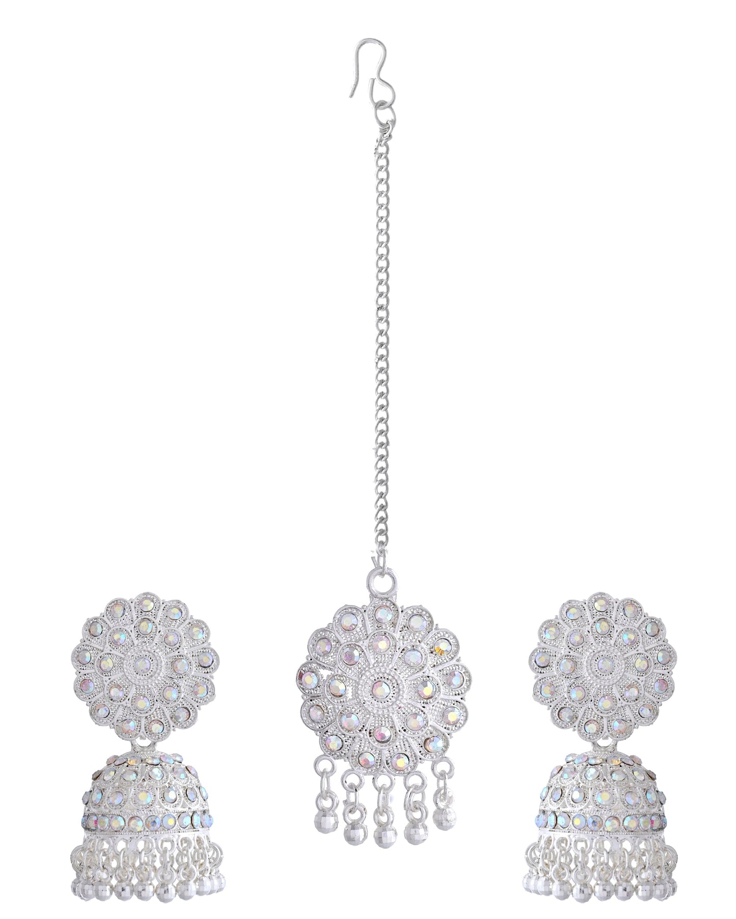 VOJ White Stone Studded Jhumkar Earrings With Maang Tikka - Swadesiicart