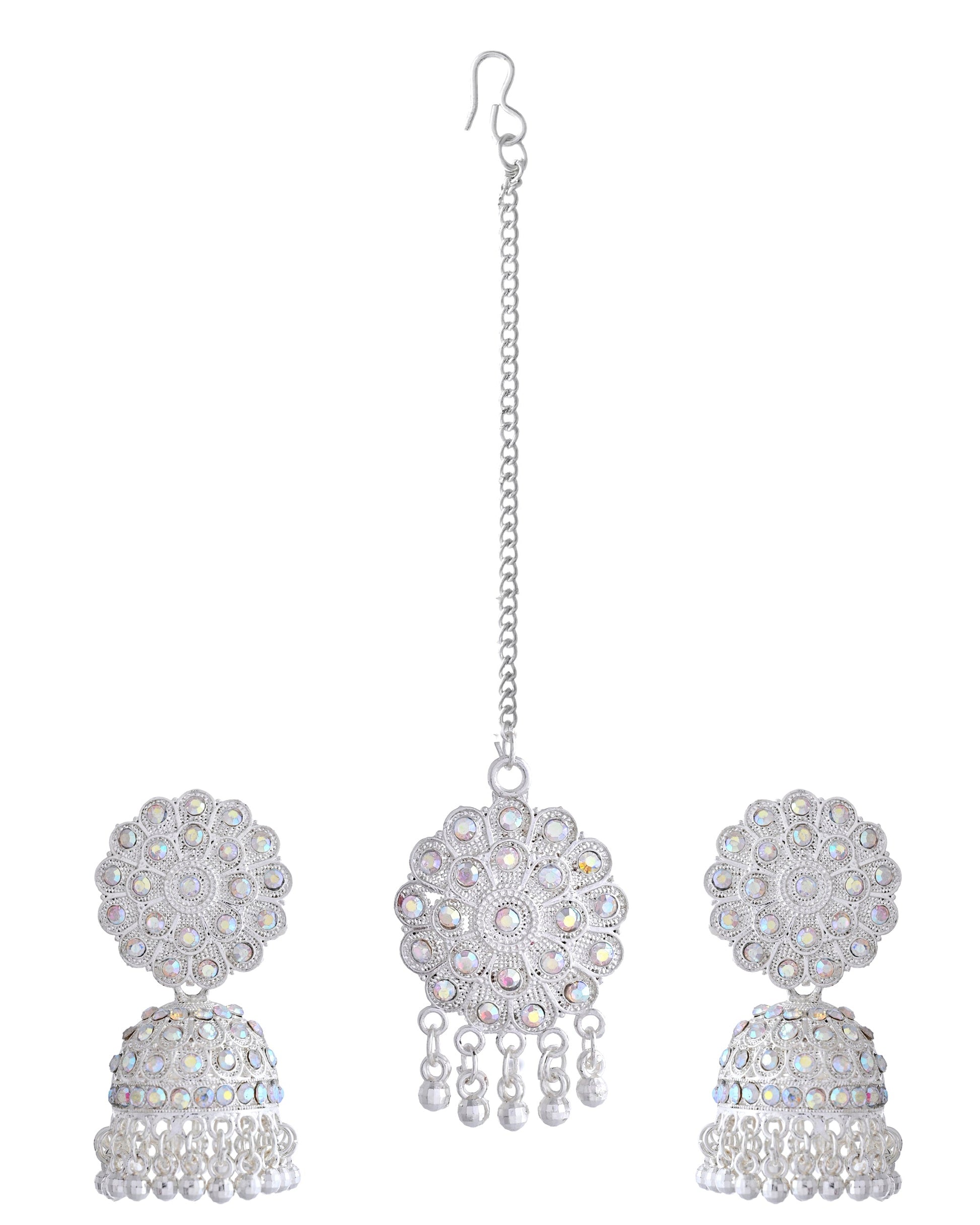 VOJ White Stone Studded Jhumkar Earrings With Maang Tikka - Swadesiicart