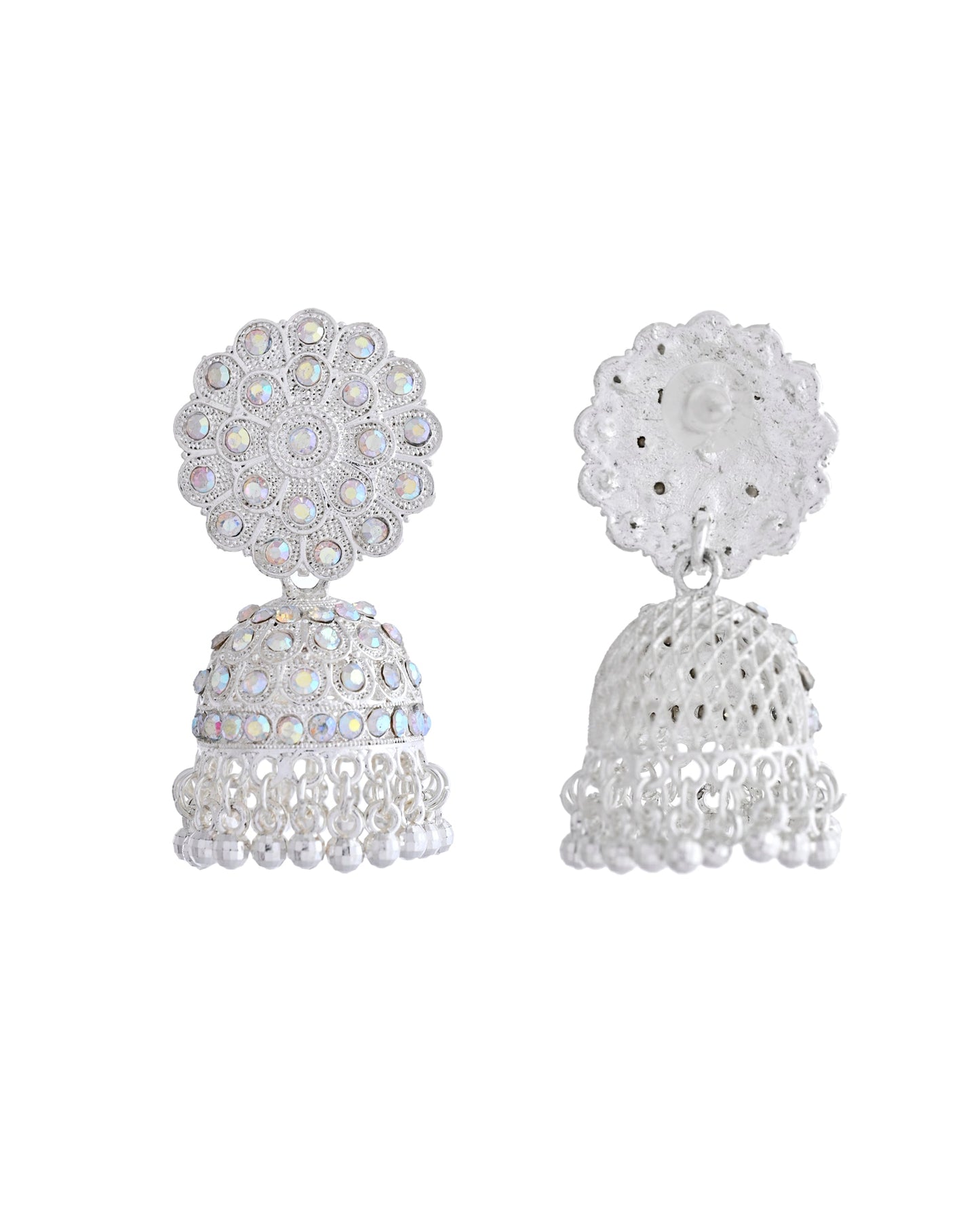 VOJ White Stone Studded Jhumkar Earrings With Maang Tikka - Swadesiicart
