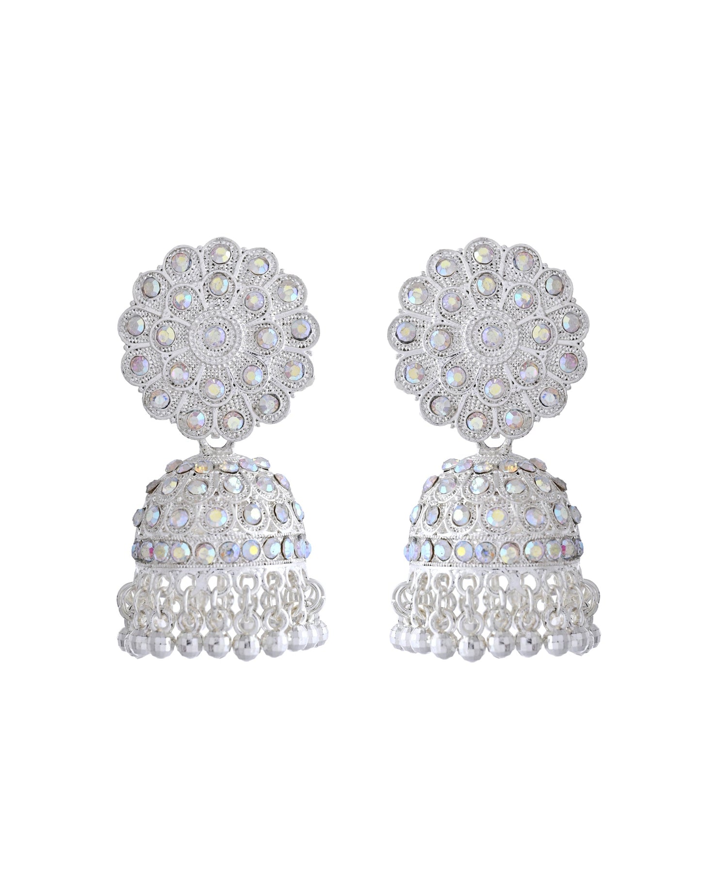 VOJ White Stone Studded Jhumkar Earrings With Maang Tikka - Swadesiicart