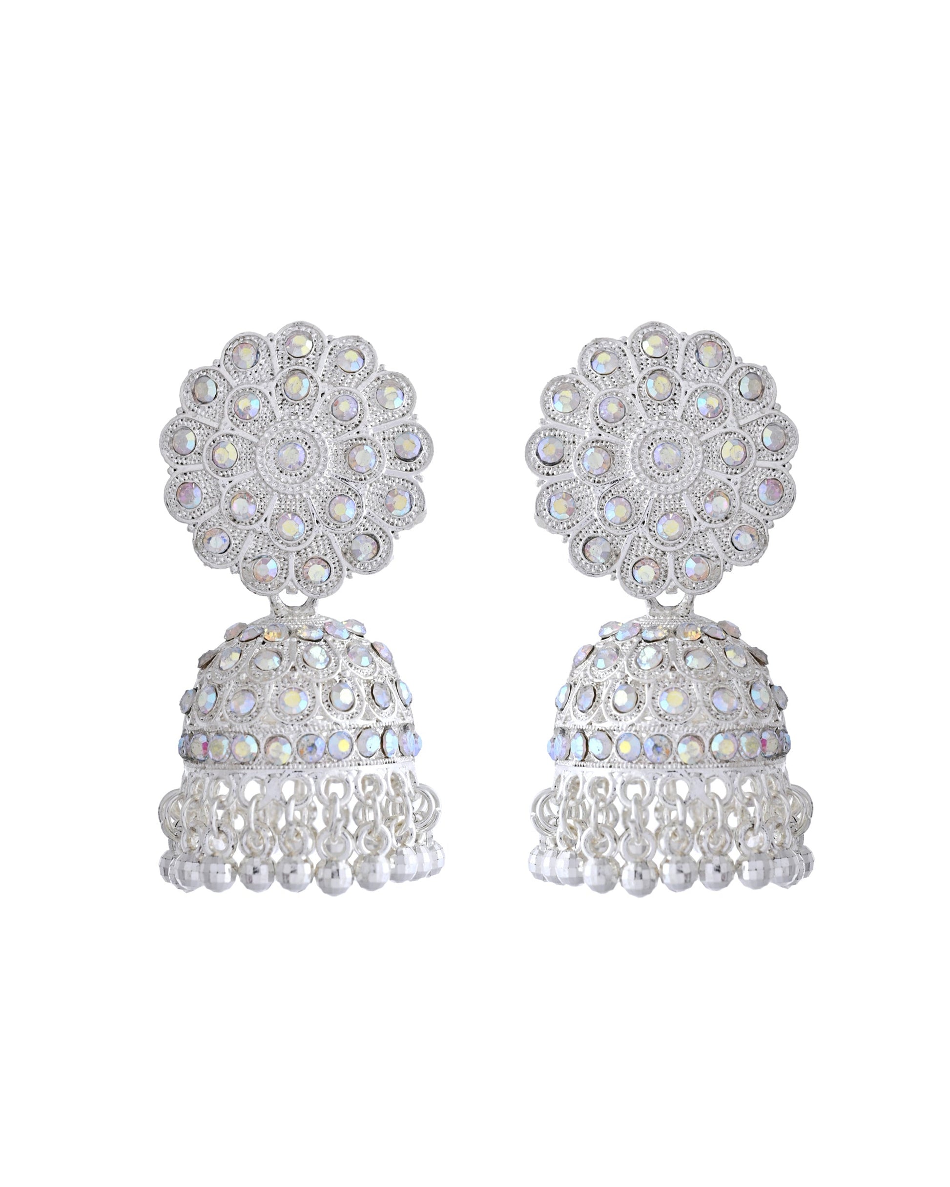 VOJ White Stone Studded Jhumkar Earrings With Maang Tikka - Swadesiicart