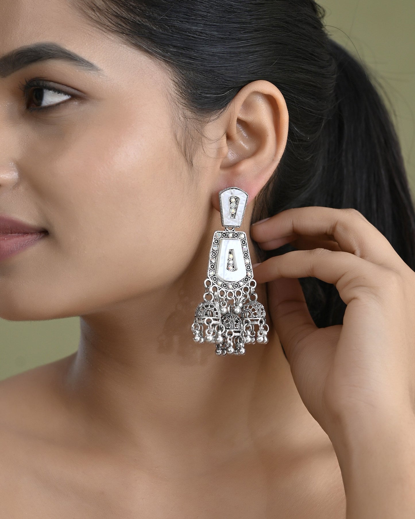 VOJ Silver Plated Moon Stone Studded Elegent Earrings - Swadesiicart