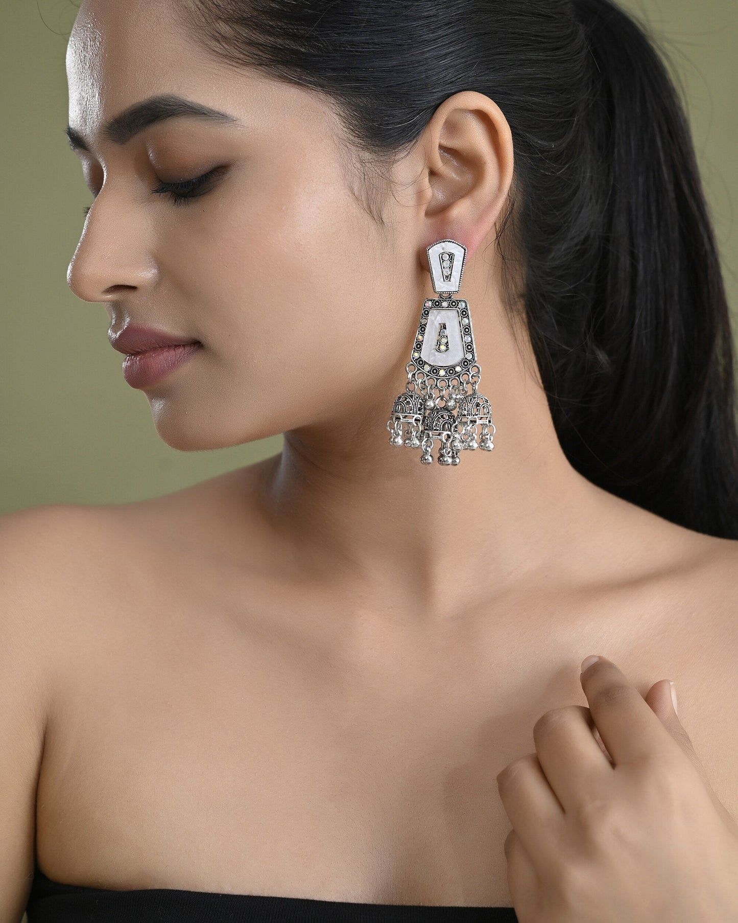 VOJ Silver Plated Moon Stone Studded Elegent Earrings - Swadesiicart