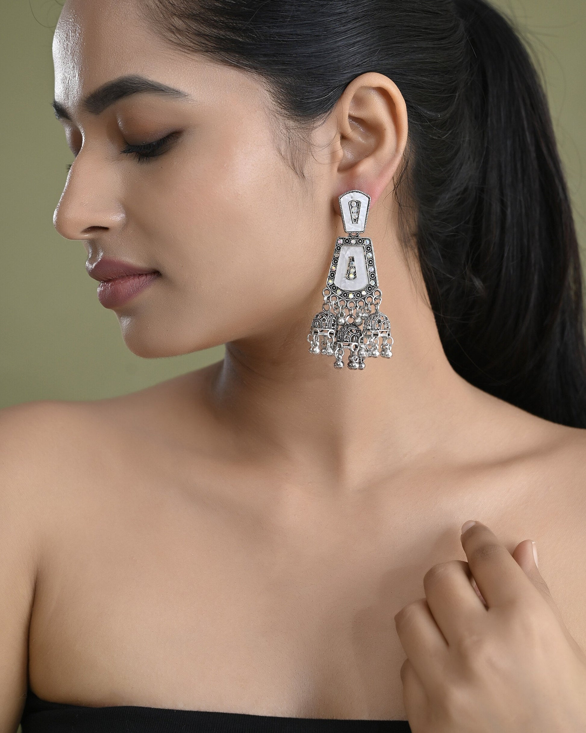 VOJ Silver Plated Moon Stone Studded Elegent Earrings - Swadesiicart
