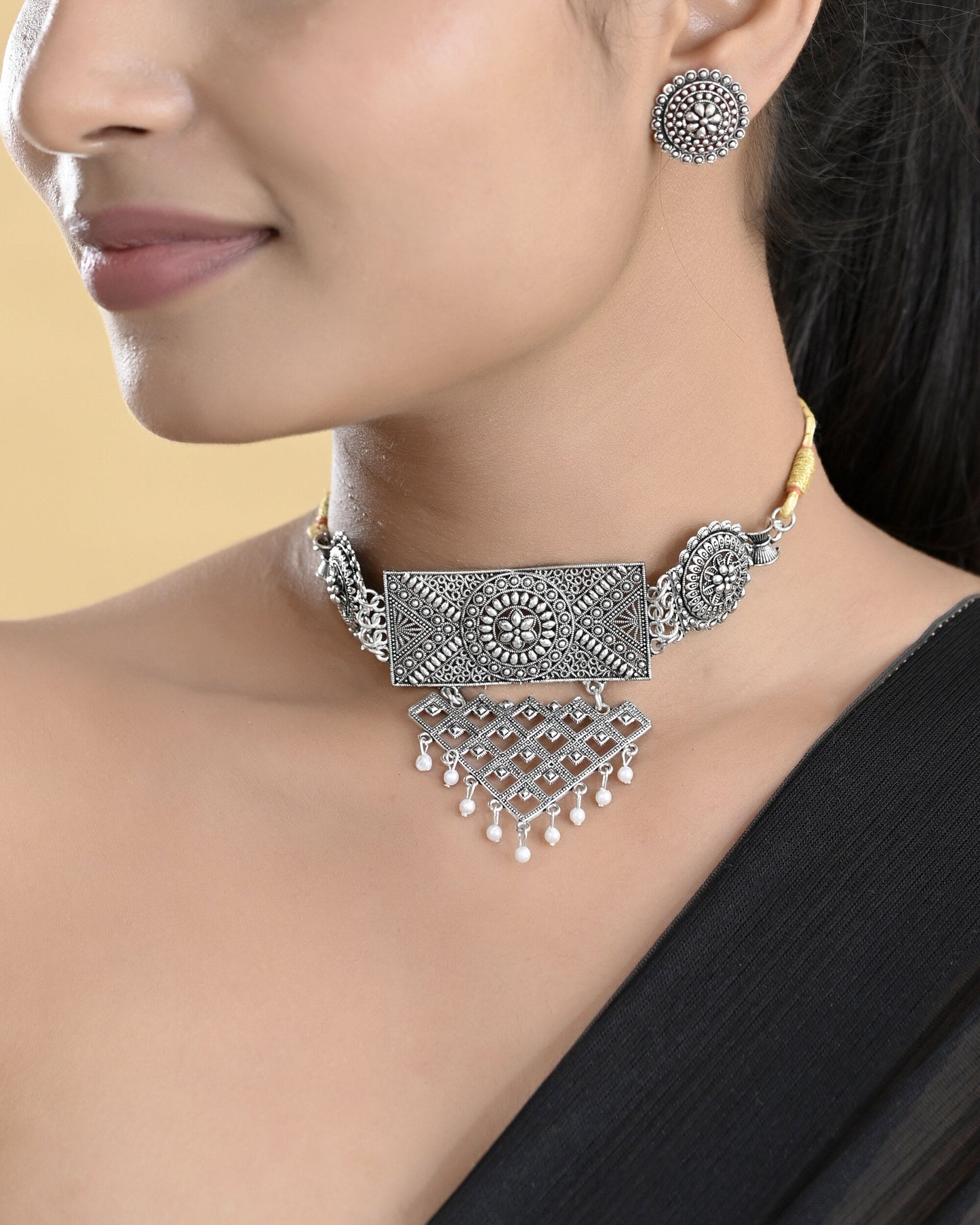 VOJ Silver Plated Oxidized Choker With Earrings Set - Swadesiicart