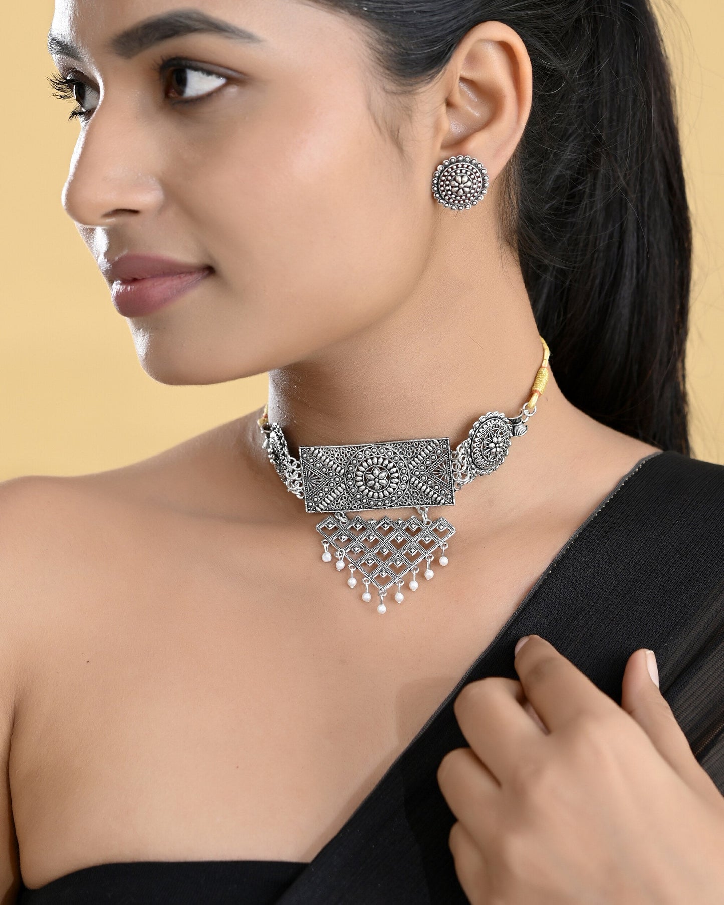 VOJ Silver Plated Oxidized Choker With Earrings Set - Swadesiicart
