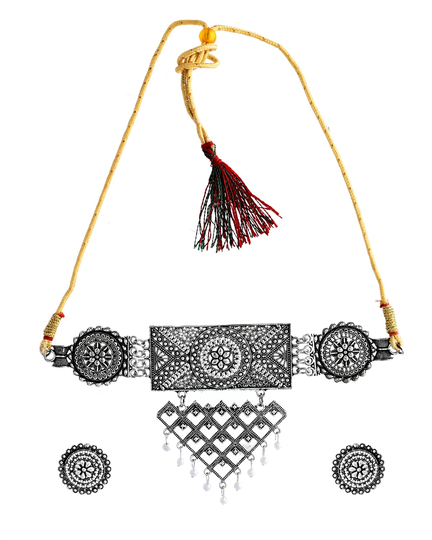 VOJ Silver Plated Oxidized Choker With Earrings Set - Swadesiicart
