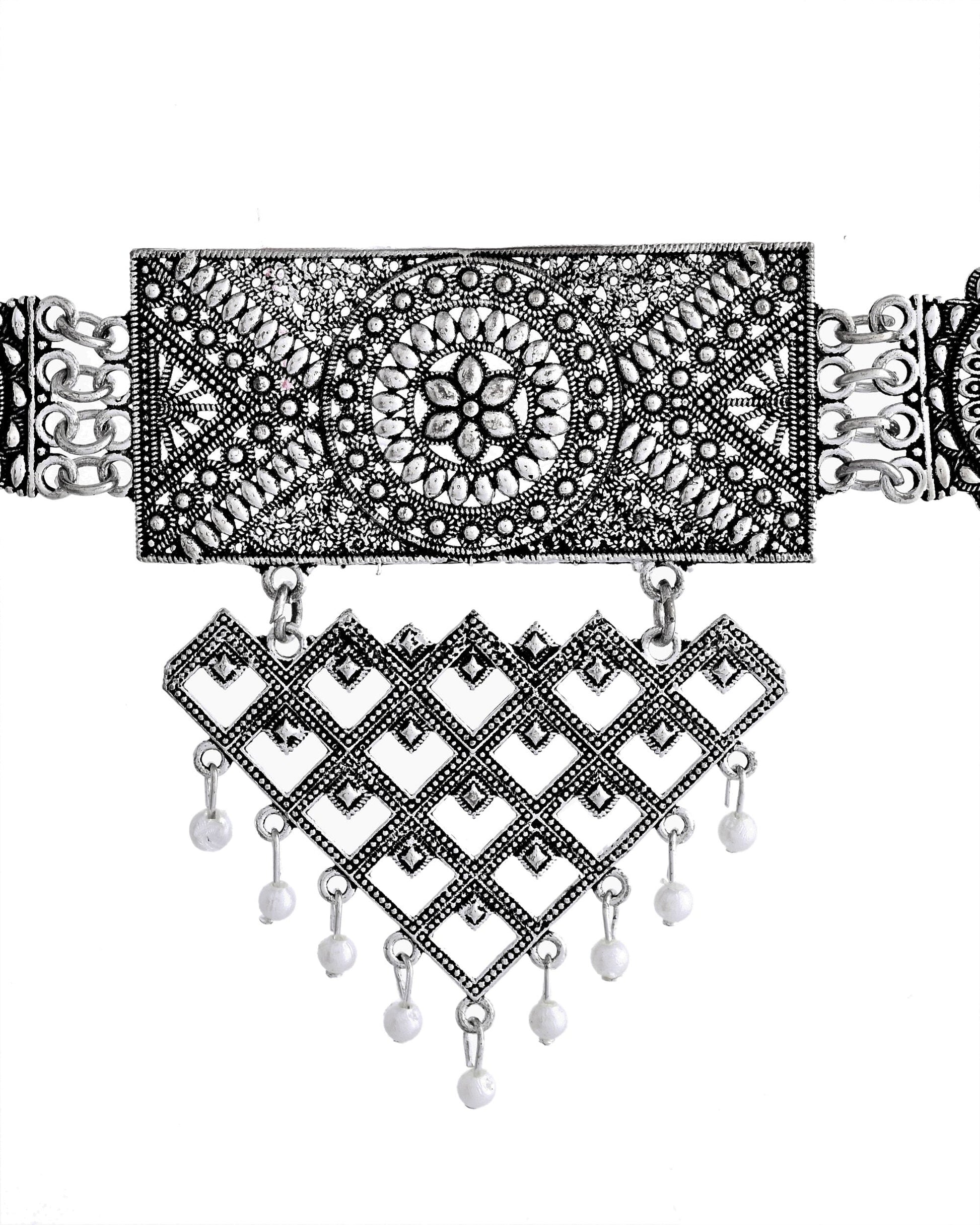 VOJ Silver Plated Oxidized Choker With Earrings Set - Swadesiicart