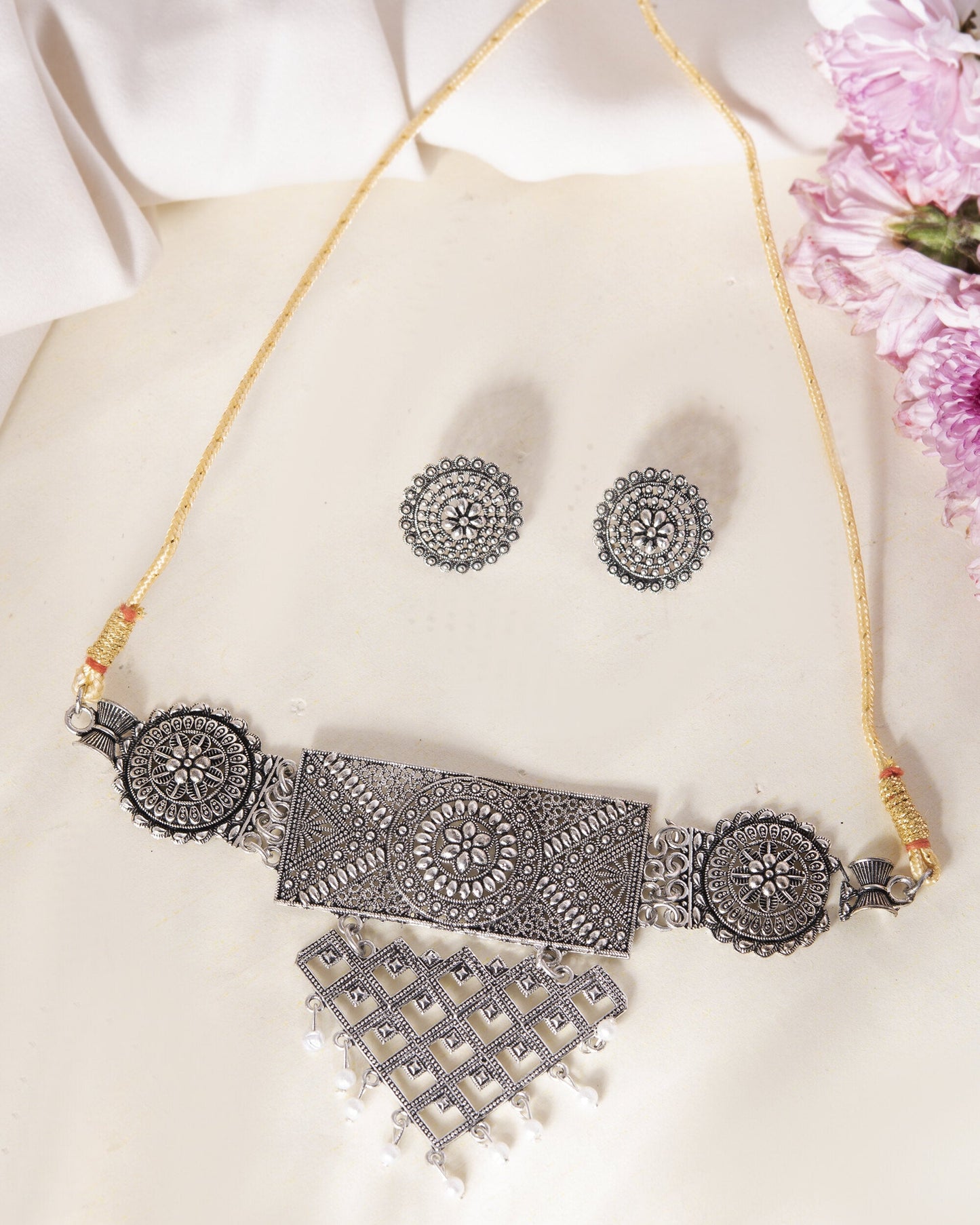 VOJ Silver Plated Oxidized Choker With Earrings Set - Swadesiicart