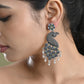 VOJ Silver Plated Oxidized Peacock Shaped Long Earrings - Swadesiicart