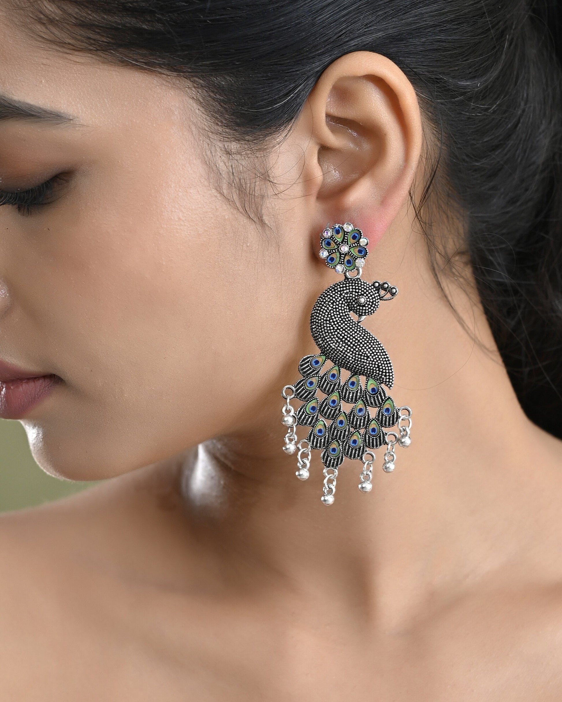 VOJ Silver Plated Oxidized Peacock Shaped Long Earrings - Swadesiicart